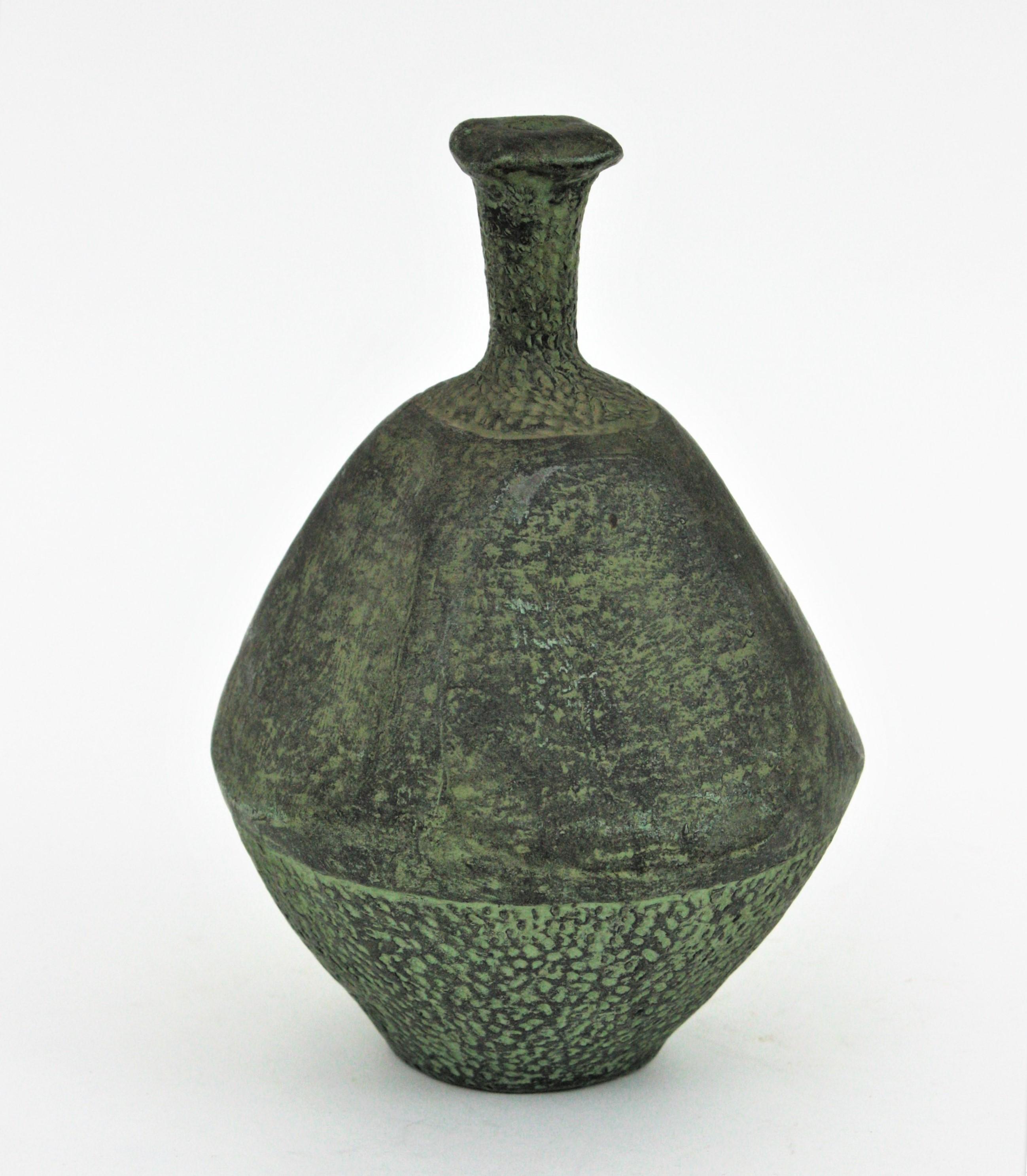 20th Century Spanish Green Terracotta Bottle Vase or Vessel For Sale
