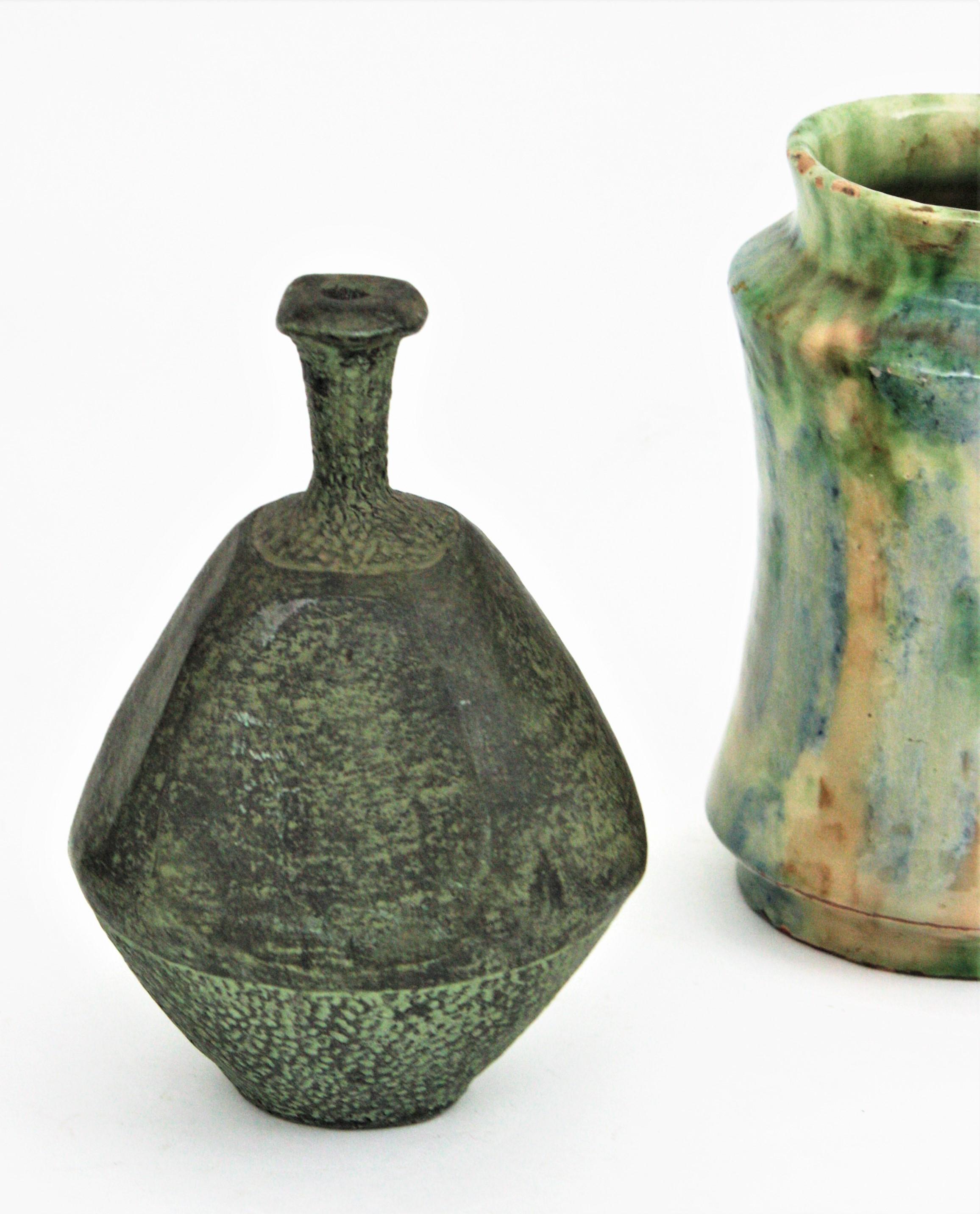 Earthenware Spanish Green Terracotta Bottle Vase or Vessel For Sale