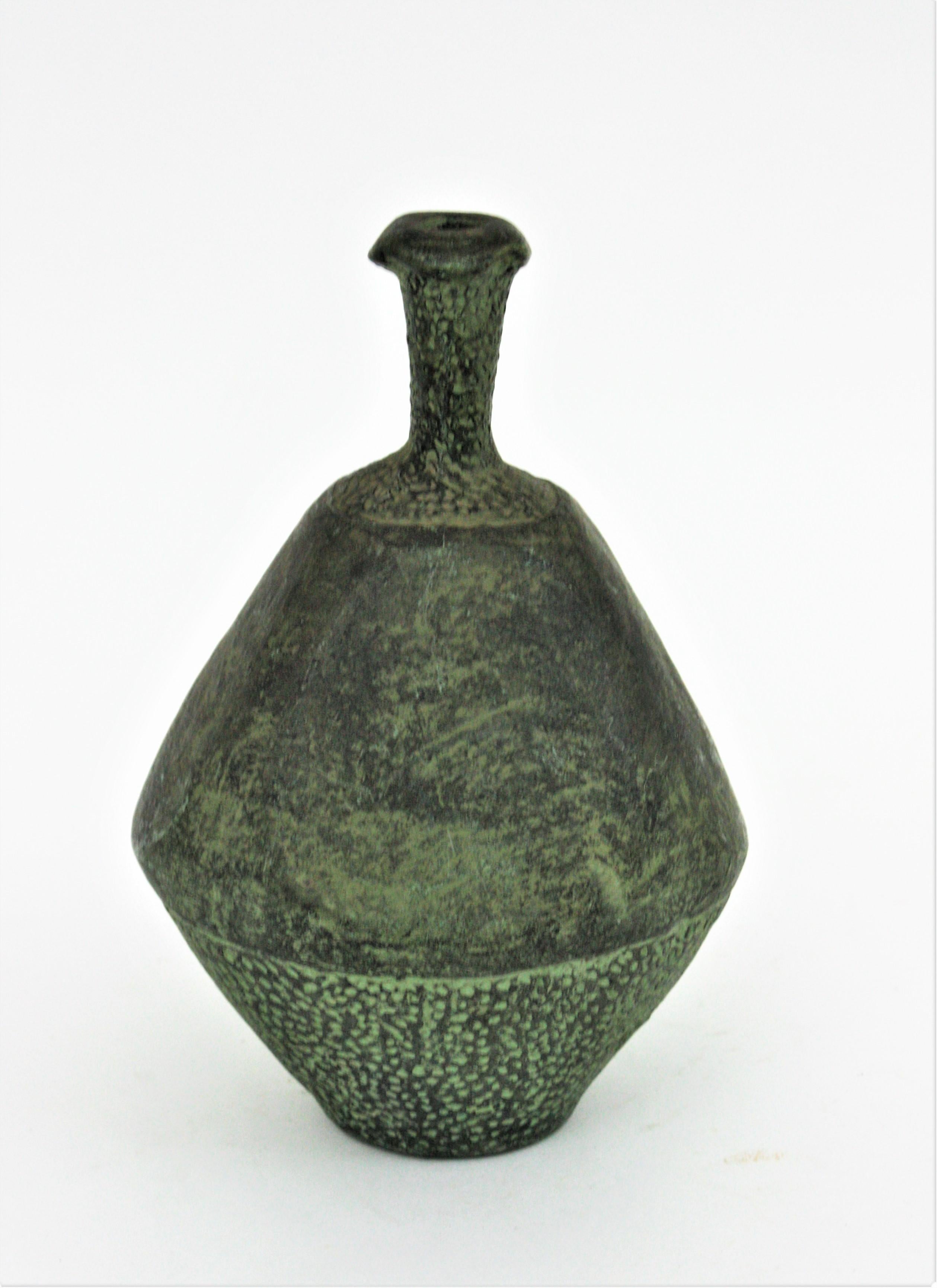 Spanish Green Terracotta Bottle Vase or Vessel For Sale 1