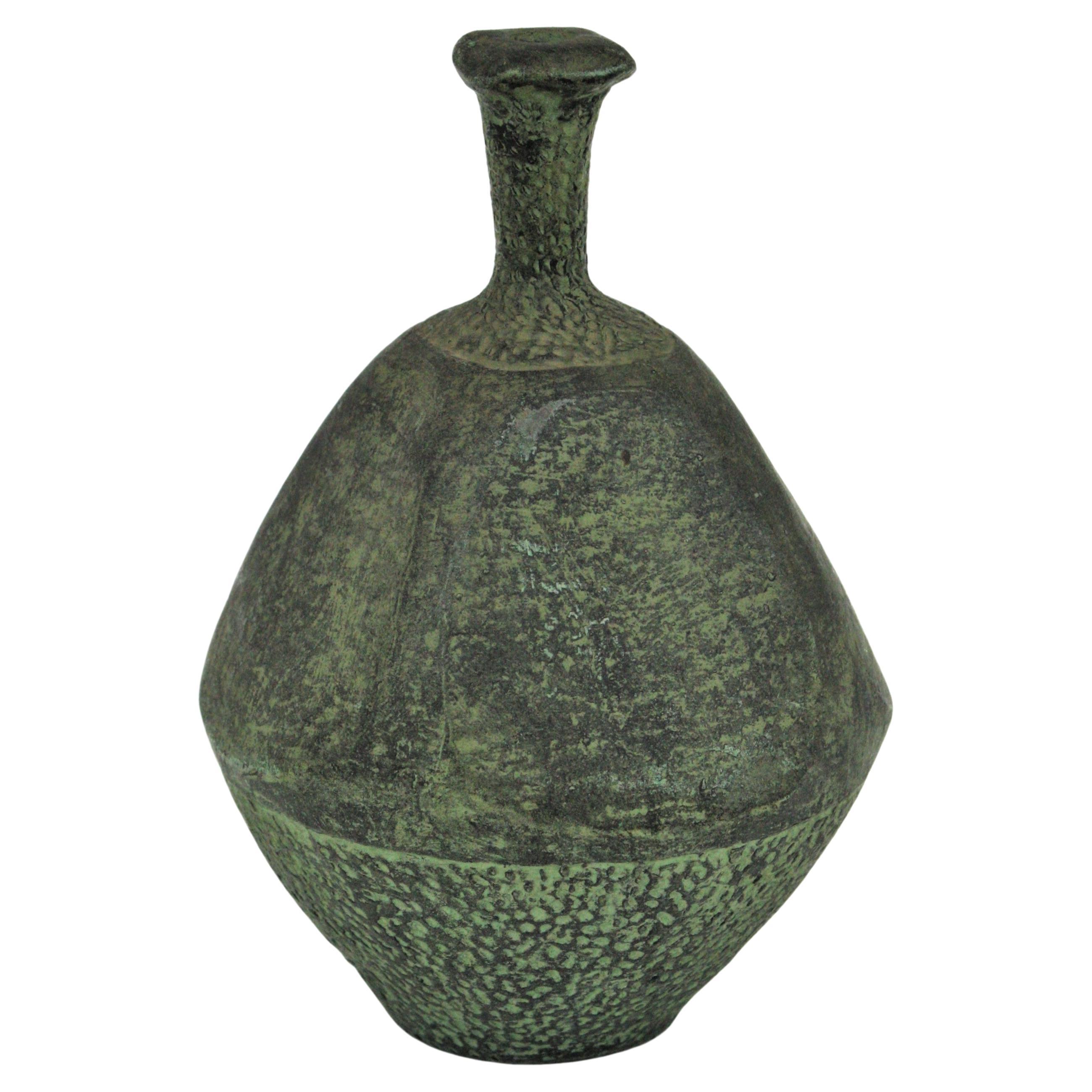 Spanish Green Terracotta Bottle Vase or Vessel For Sale