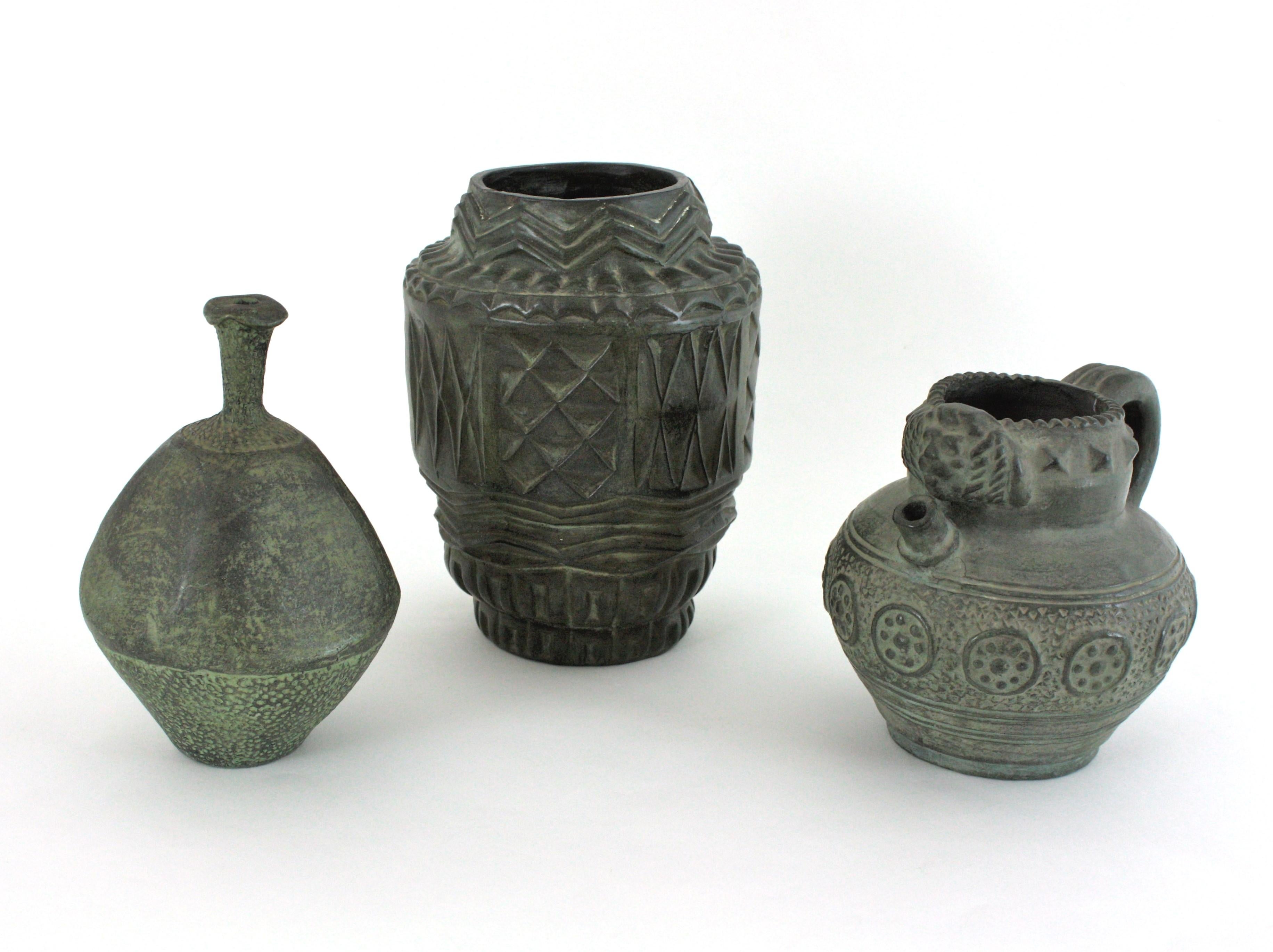 Vase / pichet / récipient à anse en terre cuite verte espagnole, années 1950 en vente 5