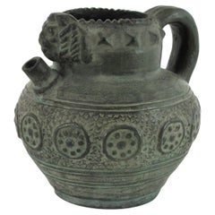 Vase / pichet / récipient à anse en terre cuite verte espagnole, années 1950