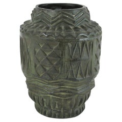 Spanish Green Terracotta Vase with Geometric Patten, 1940s