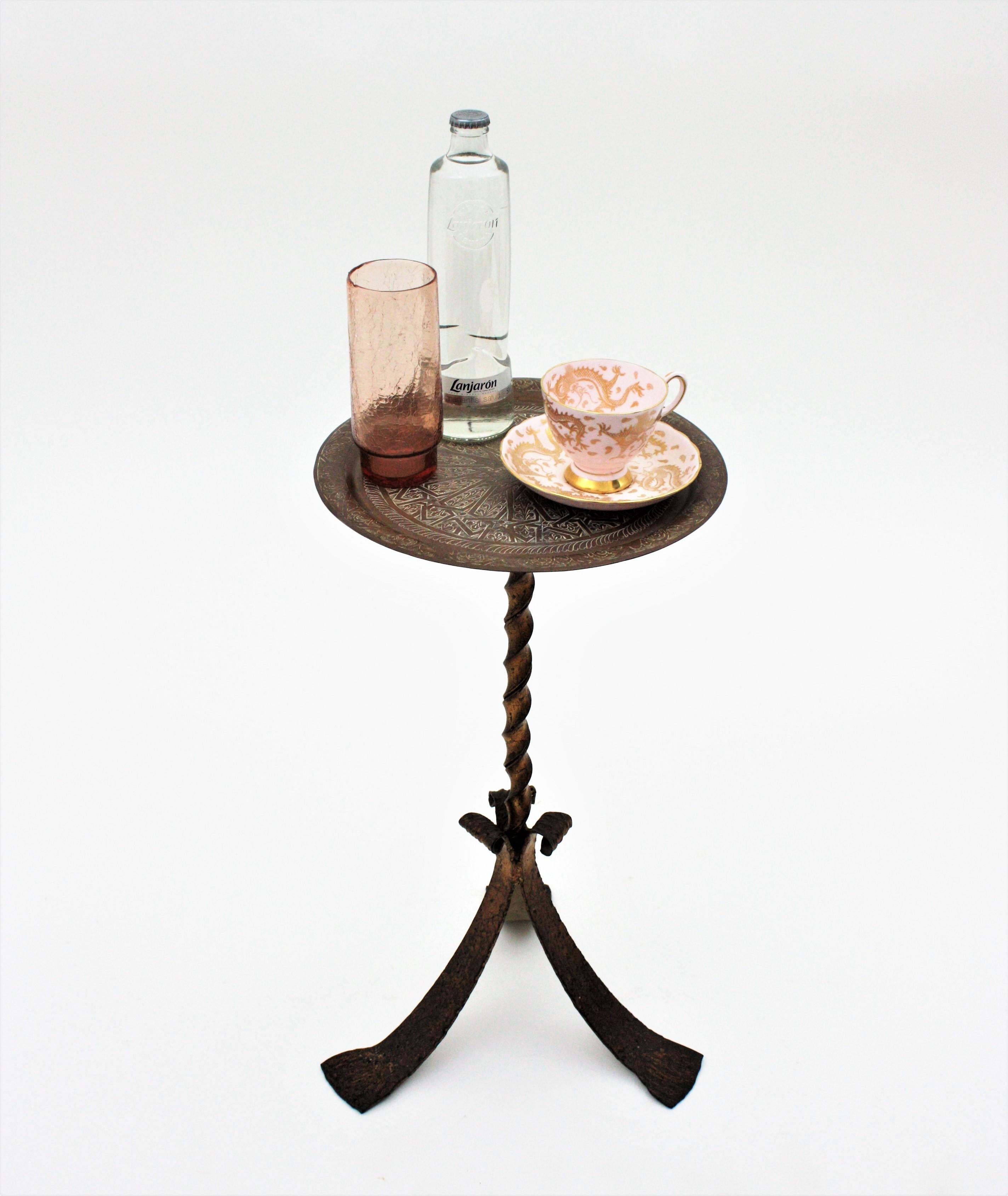 Mid-Century Modern Drink Table / Side Table / Gueridon, Gilt Iron & Brass Top