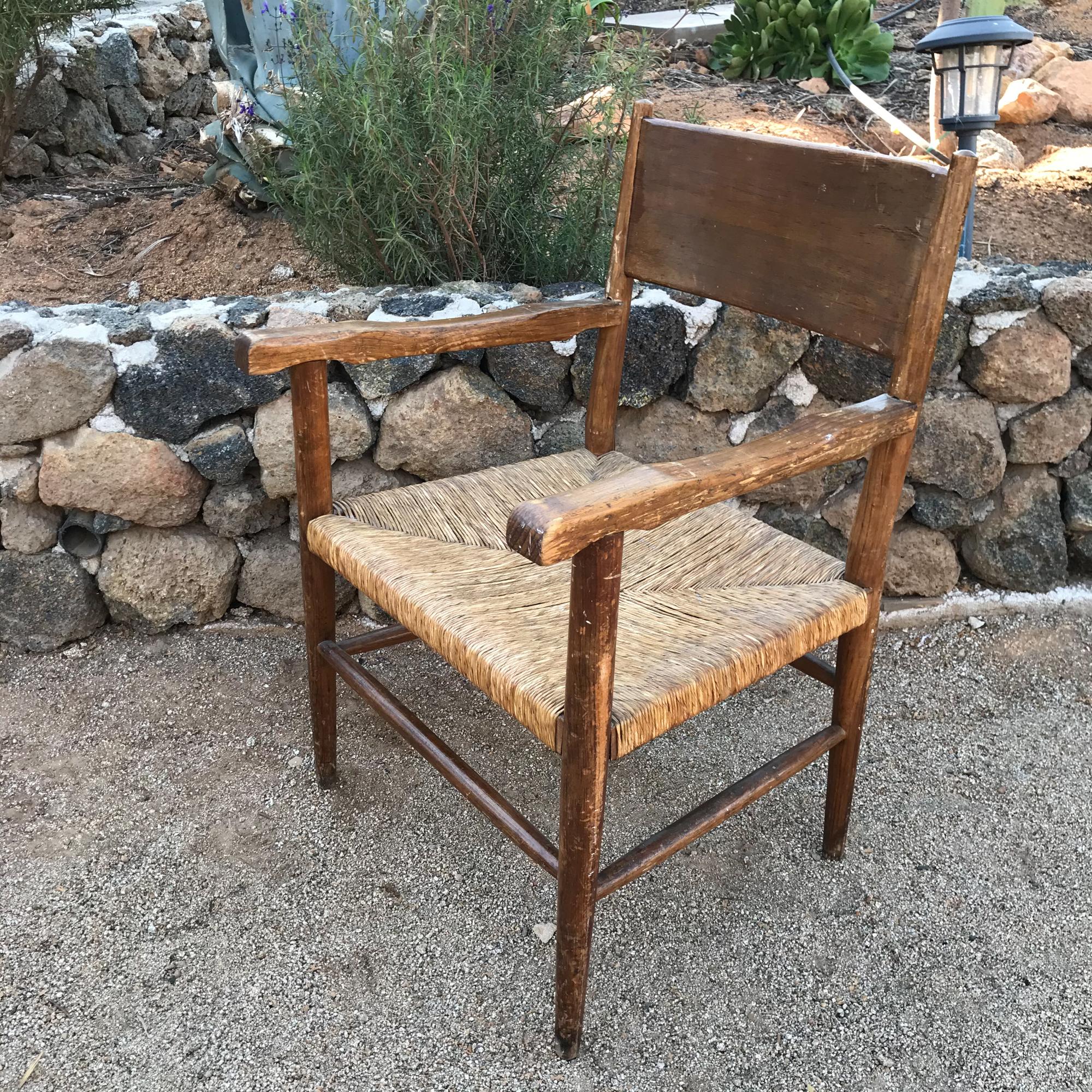 Spanish Hacienda Vintage Mexico Set of Four Chairs Seagrass & Rustic Wood 1950s 3