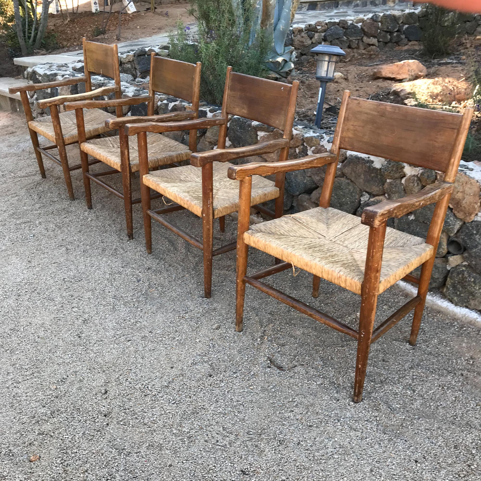 Spanish Hacienda Vintage Mexico Set of Four Chairs Seagrass & Rustic Wood 1950s 1