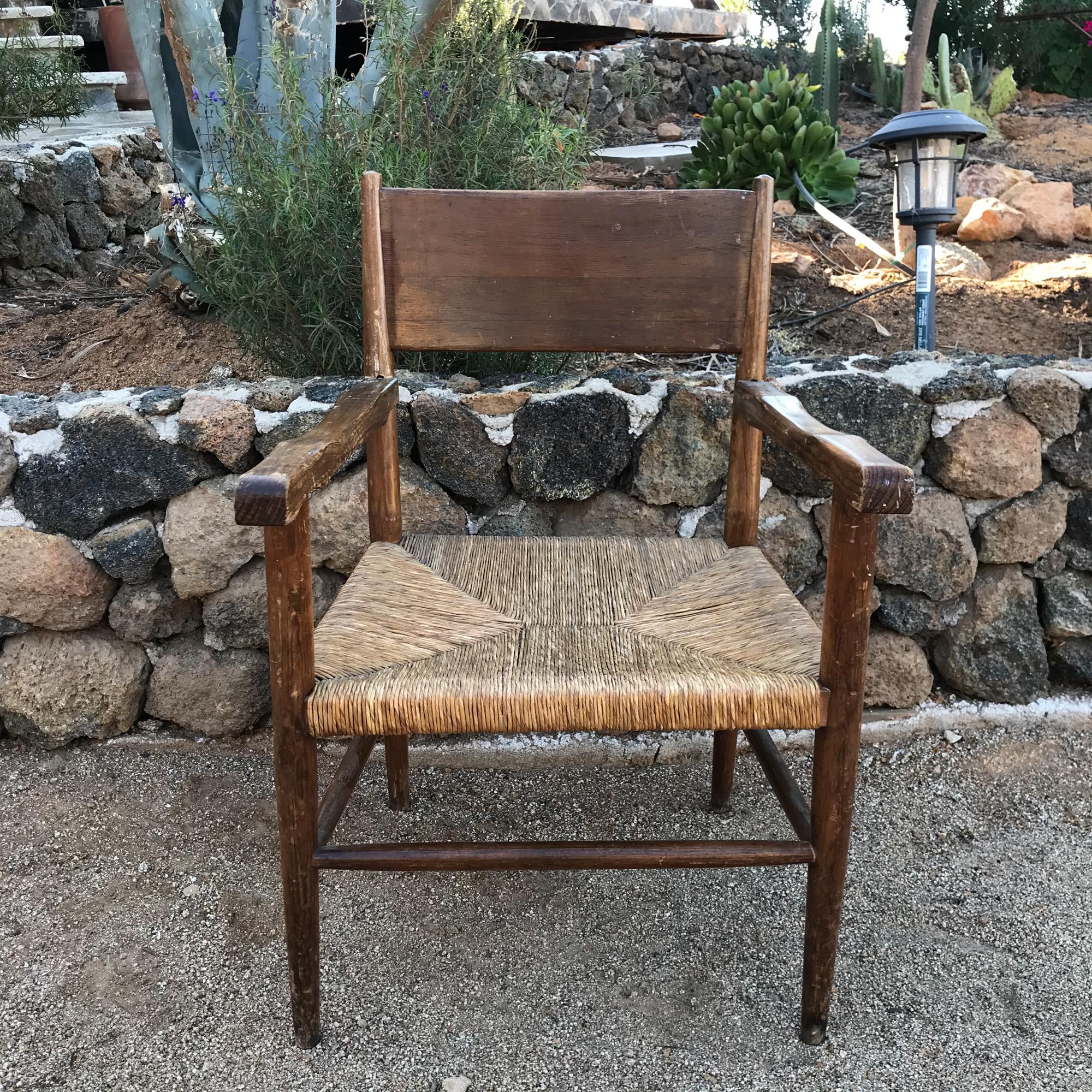 Spanish Hacienda Vintage Mexico Set of Four Chairs Seagrass & Rustic Wood 1950s 2