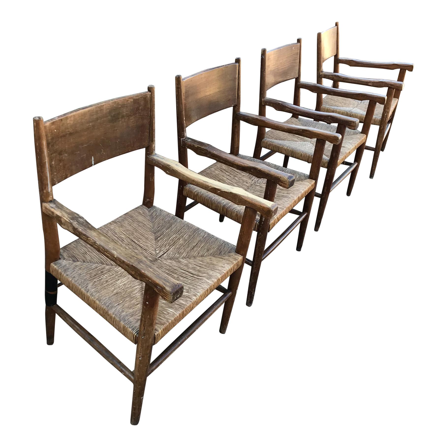 Spanish Hacienda Vintage Mexico Set of Four Chairs Seagrass & Rustic Wood 1950s