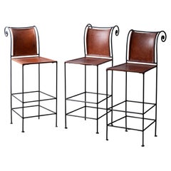 Vintage Spanish Hacienda Style Wrought Iron & Leather Barstools