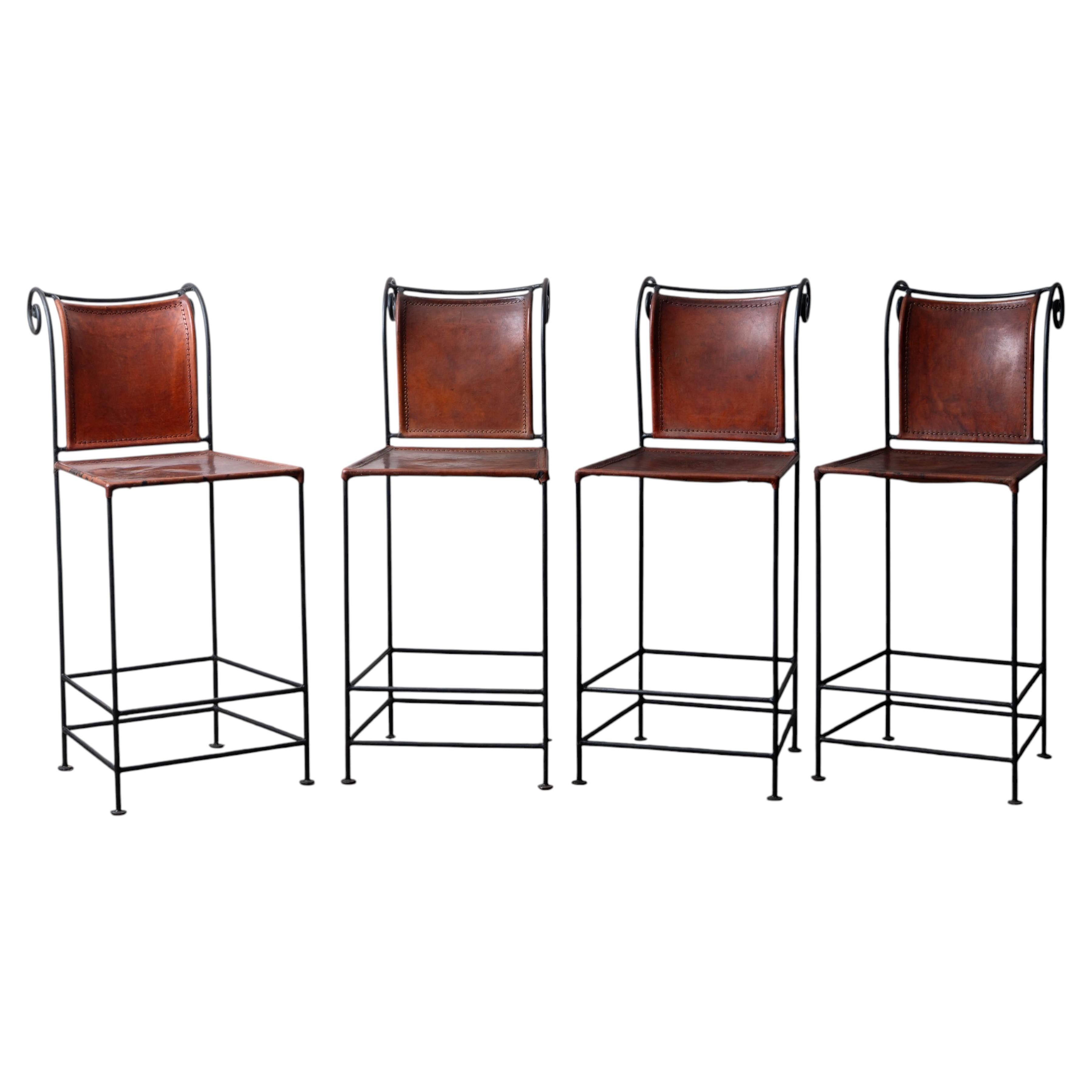 Spanish Hacienda Wrought Iron & Leather Counter Stools, 1960s