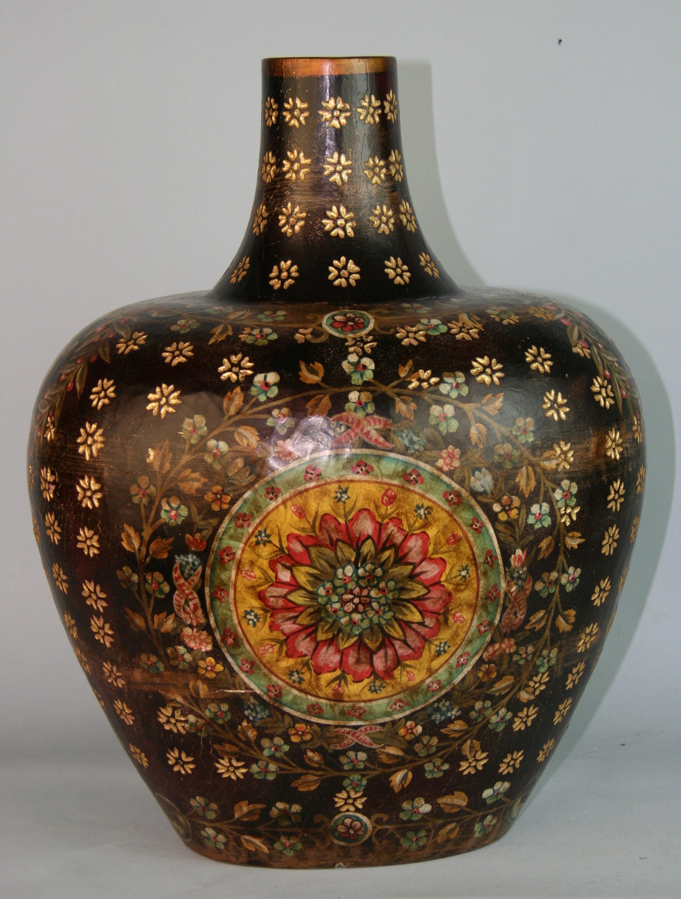 1307 Spanish hand painted ovoid shaped wood vase.