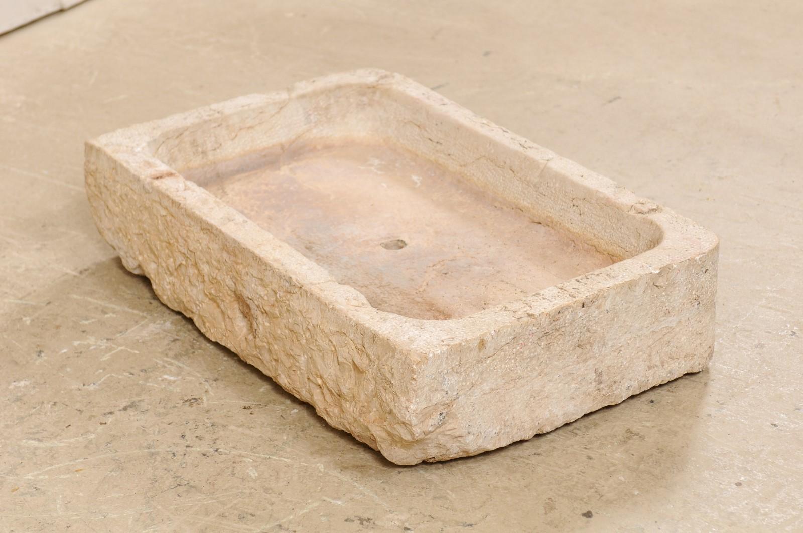Spanish Hand Carved Limestone Sink with Shallow Basin from the 19th Century 1