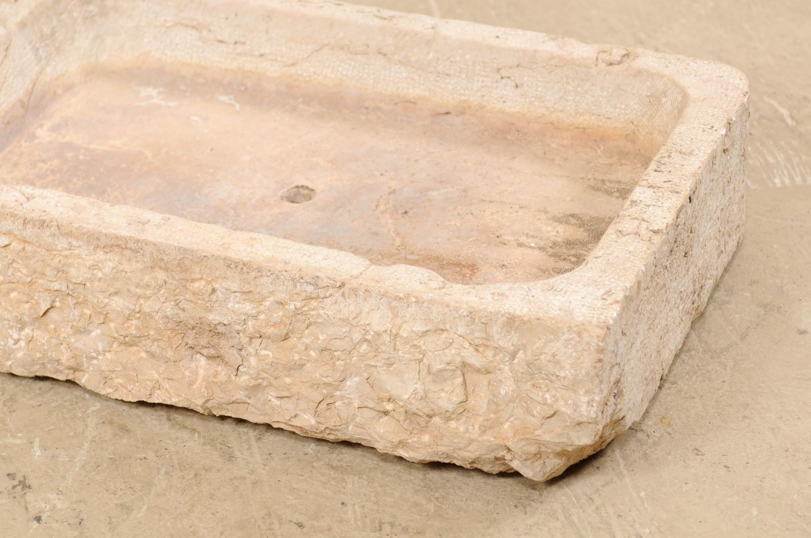 Spanish Hand Carved Limestone Sink with Shallow Basin from the 19th Century 3