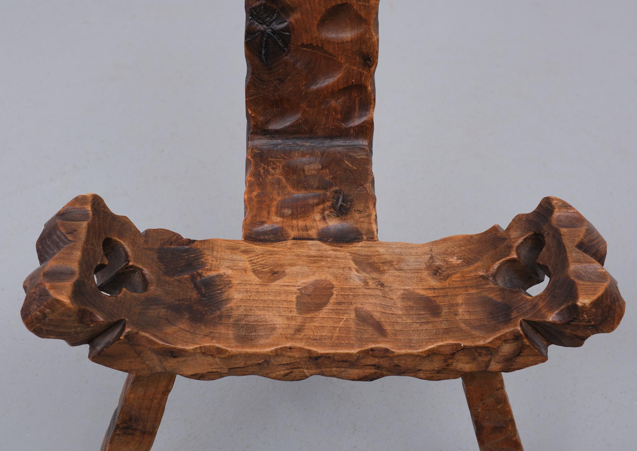 Wood Spanish Hand Carved Tripod Low Stool, 1950s For Sale