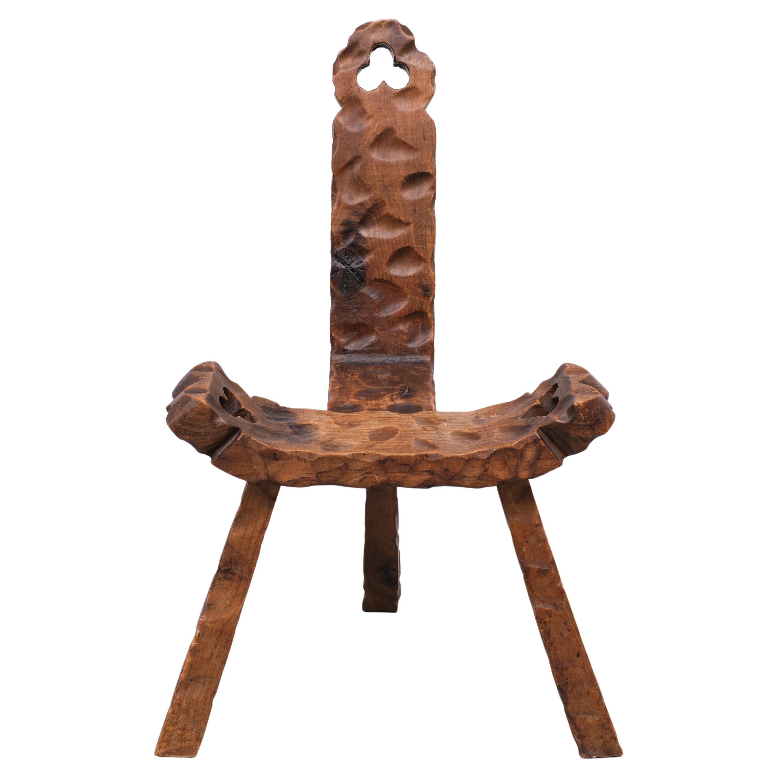 Spanish Hand Carved Tripod Low Stool, 1950s