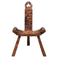 Spanish Hand Carved Tripod Low Stool, 1950s