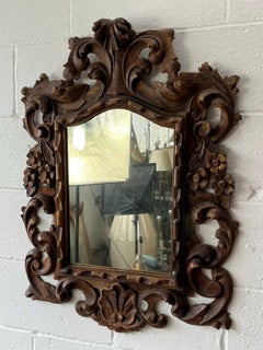 Spanish Hand-Carved Walnut Baroque Revival Wall Mirror with Floral Motifs, 1950s