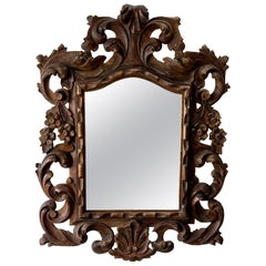 Spanish Hand-Carved Walnut Baroque Revival Wall Mirror with Floral Motifs, 1950s