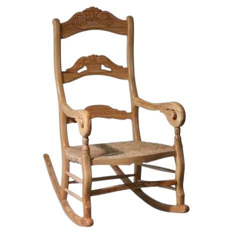 Spanish Hand-Crafted Olive Wood Rush Seating Rocking Chair For Sale