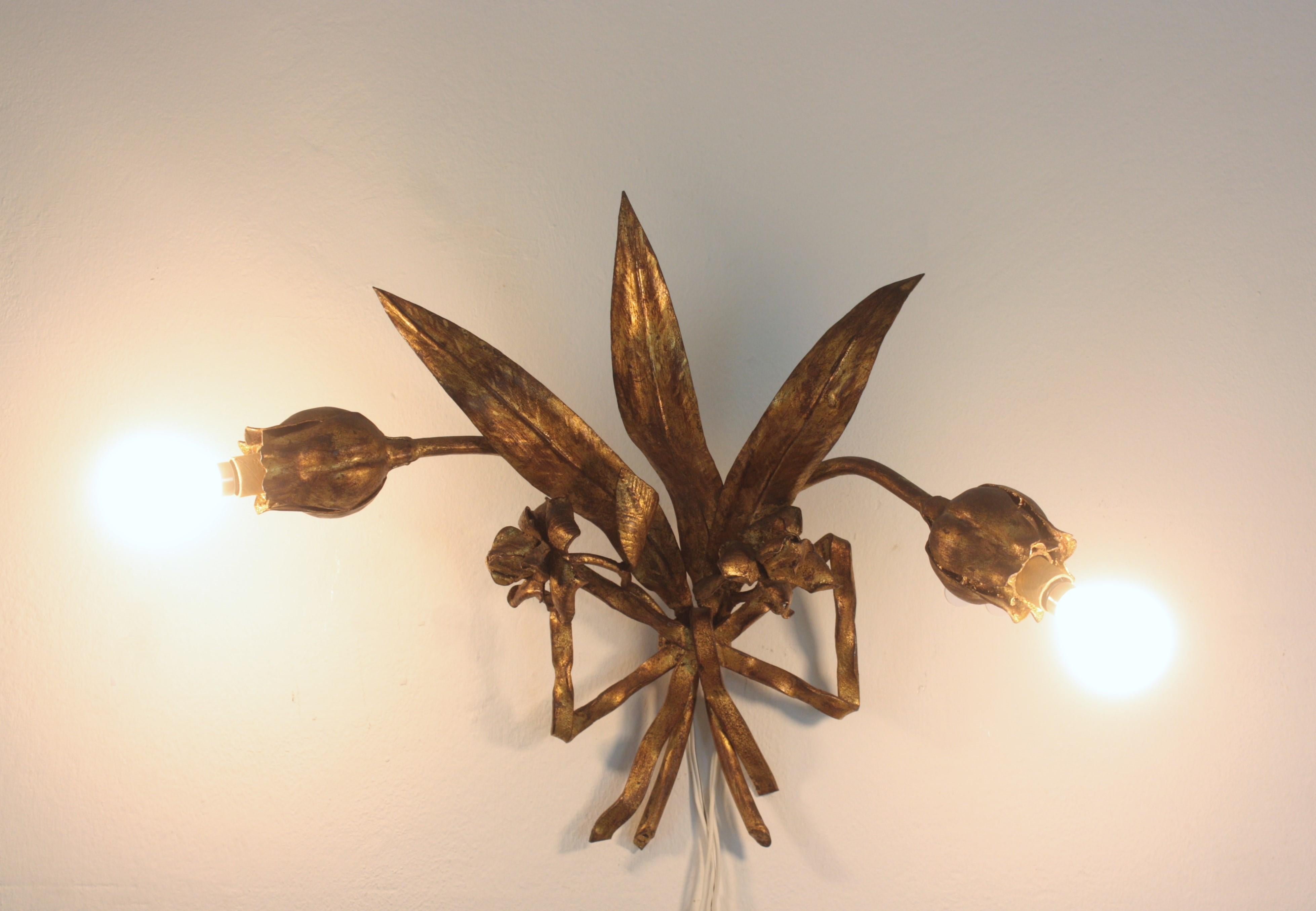 Hammered Spanish Hand Forged Flower Bouquet Two-Light Wall Sconce in Gilt Iron For Sale