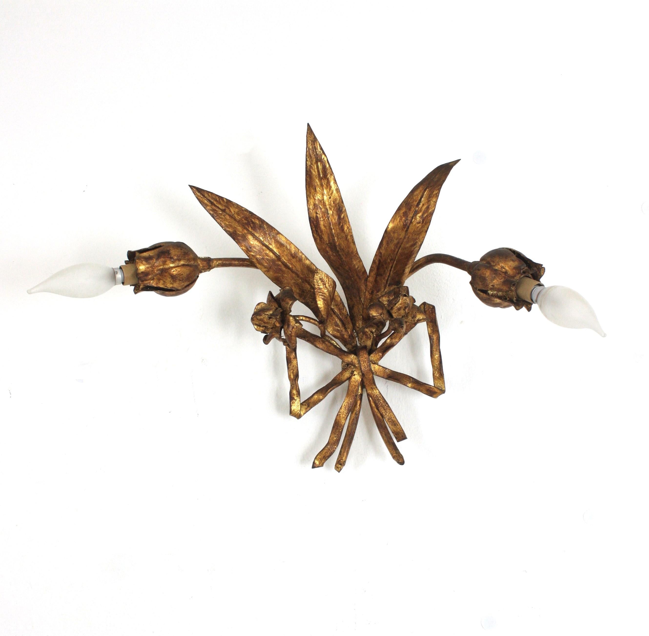 20th Century Spanish Hand Forged Flower Bouquet Two-Light Wall Sconce in Gilt Iron For Sale