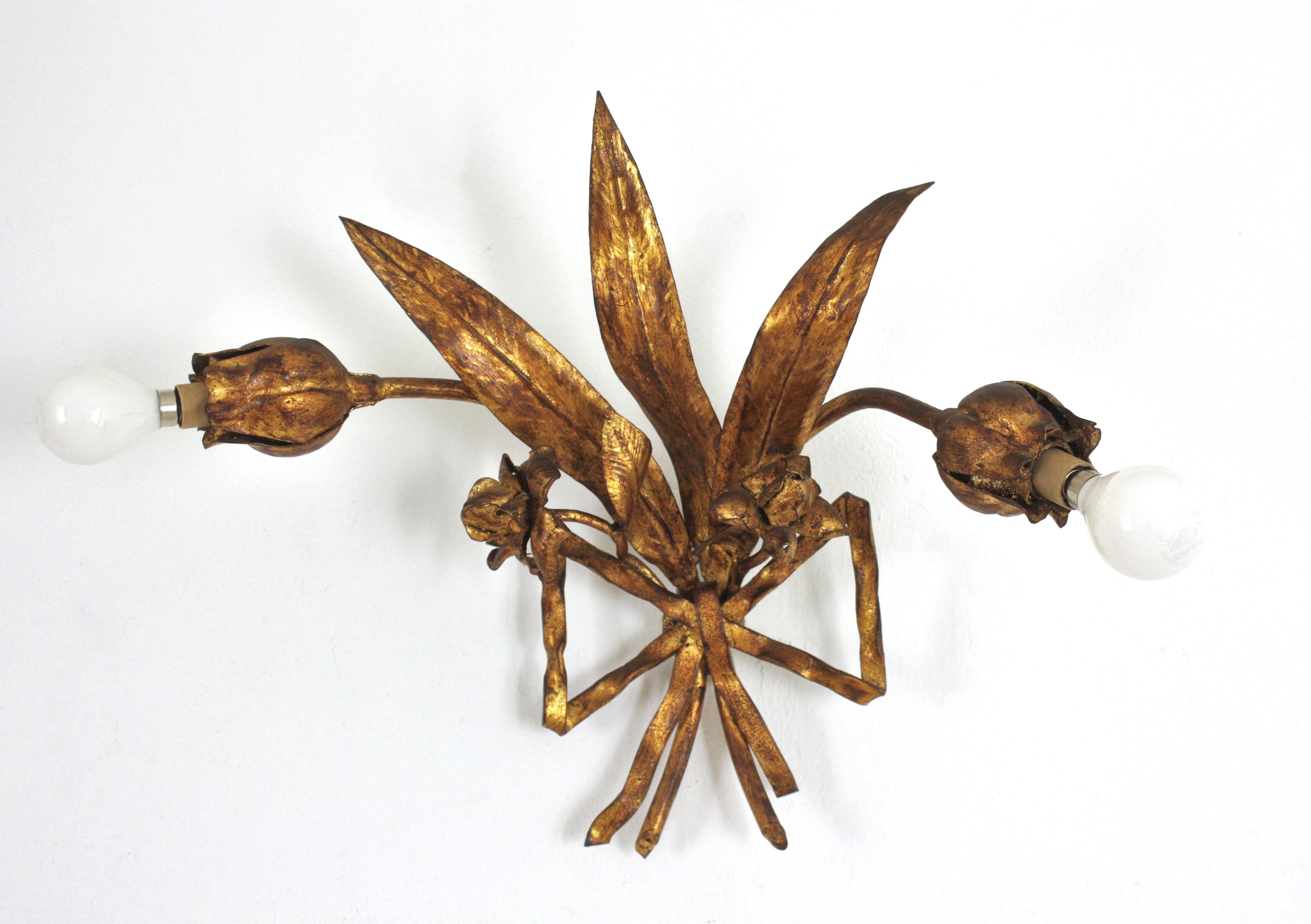 Wrought Iron Spanish Hand Forged Flower Bouquet Two-Light Wall Sconce in Gilt Iron For Sale