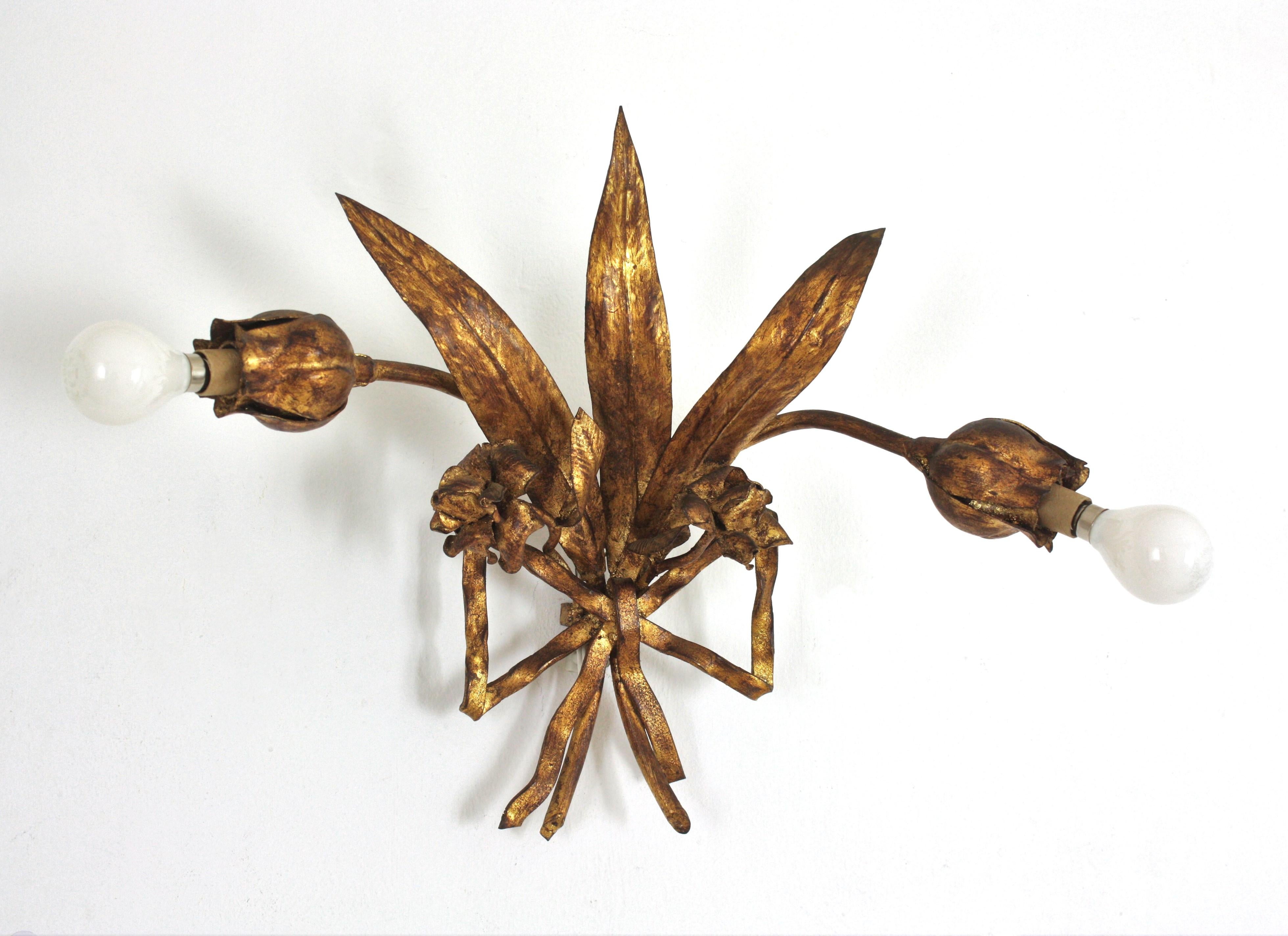 Spanish Hand Forged Flower Bouquet Two-Light Wall Sconce in Gilt Iron For Sale 1