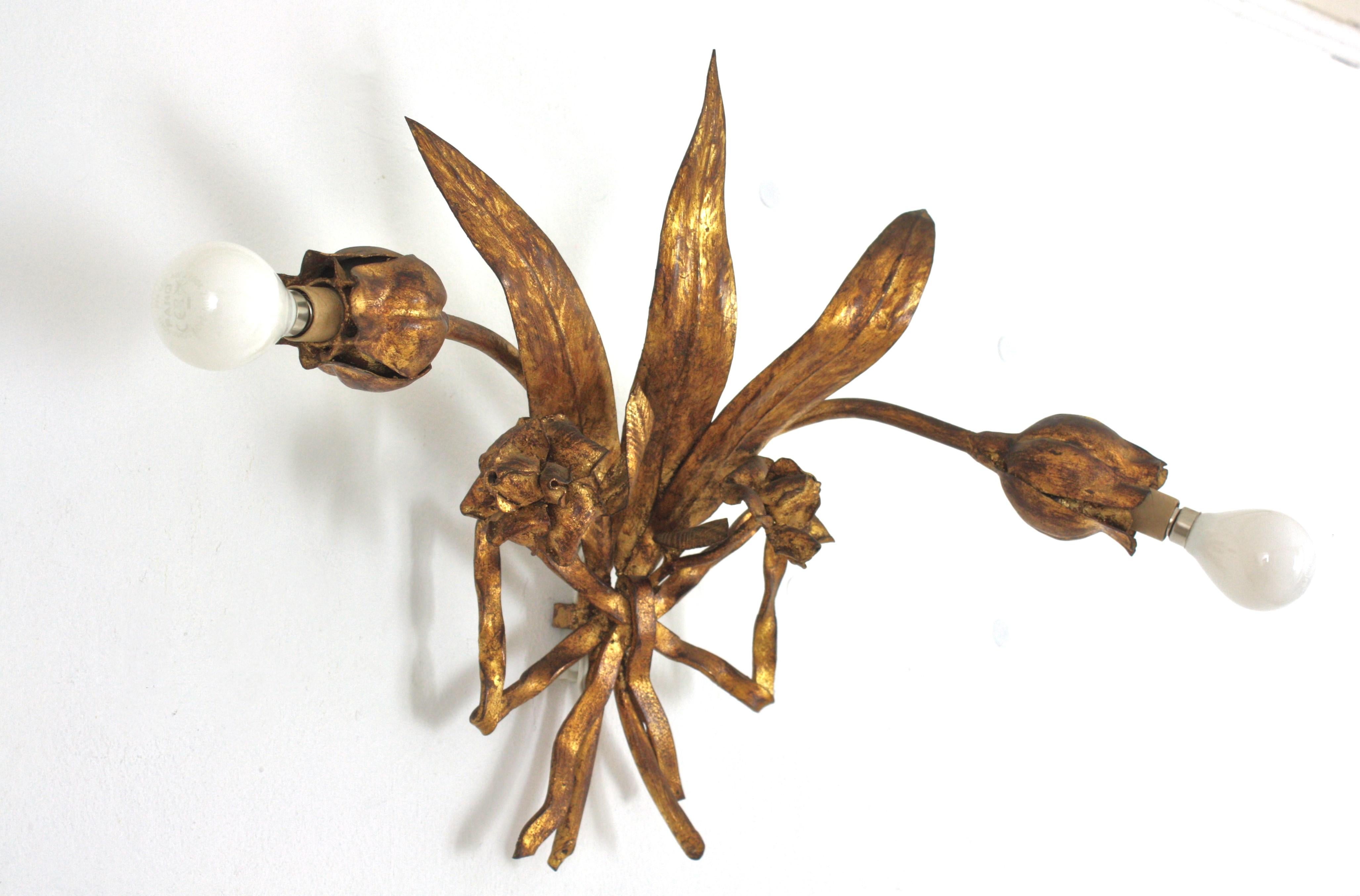 Spanish Hand Forged Flower Bouquet Two-Light Wall Sconce in Gilt Iron For Sale 2