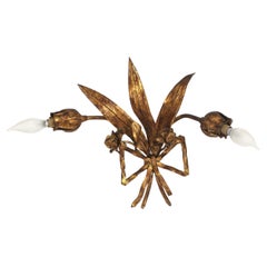 Vintage Spanish Hand Forged Flower Bouquet Two-Light Wall Sconce in Gilt Iron