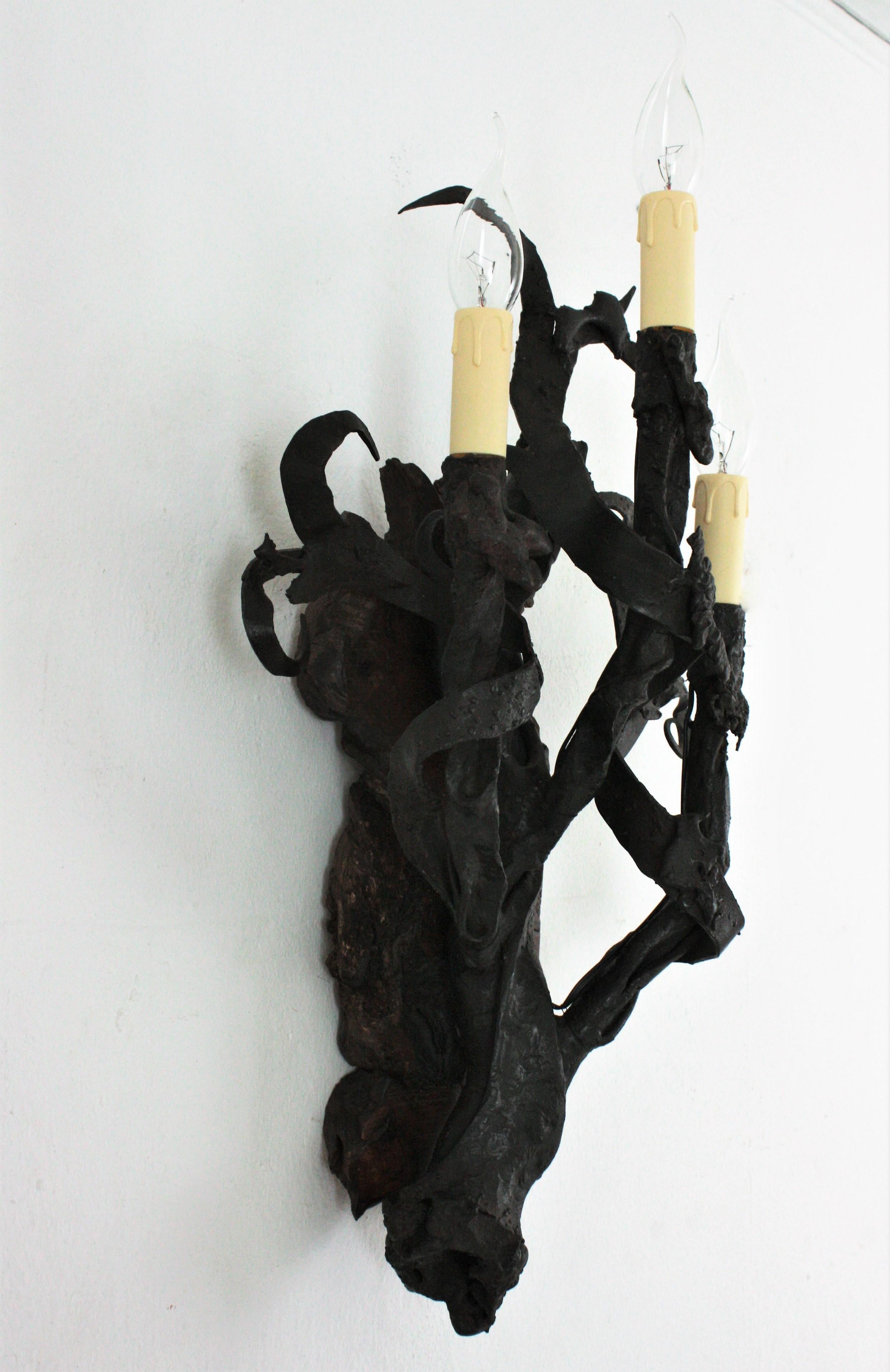 Spanish Hand Forged Iron and Wood Medieval Inspired Torch Wall Sconce For Sale 3