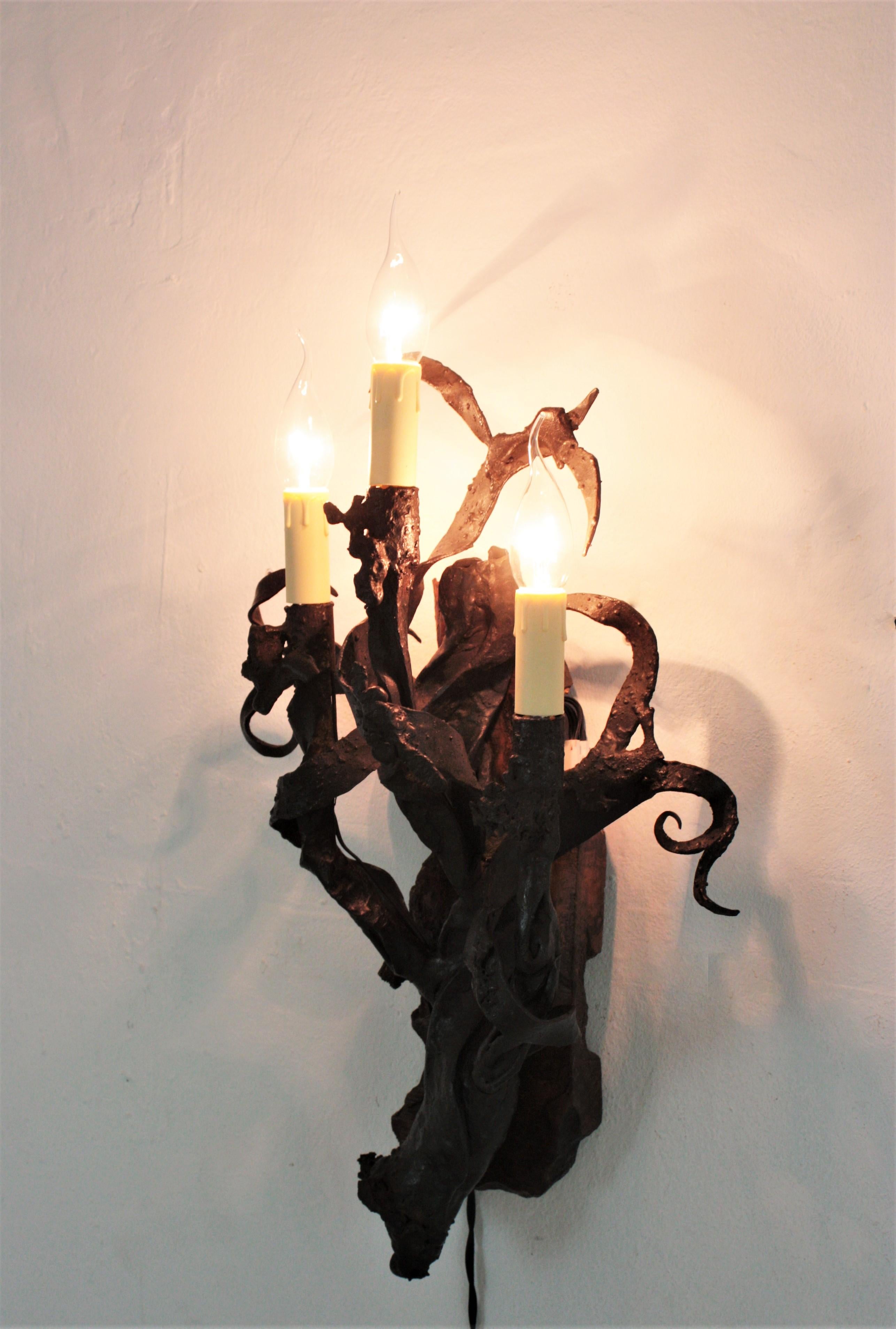 Spanish Hand Forged Iron and Wood Medieval Inspired Torch Wall Sconce For Sale 4