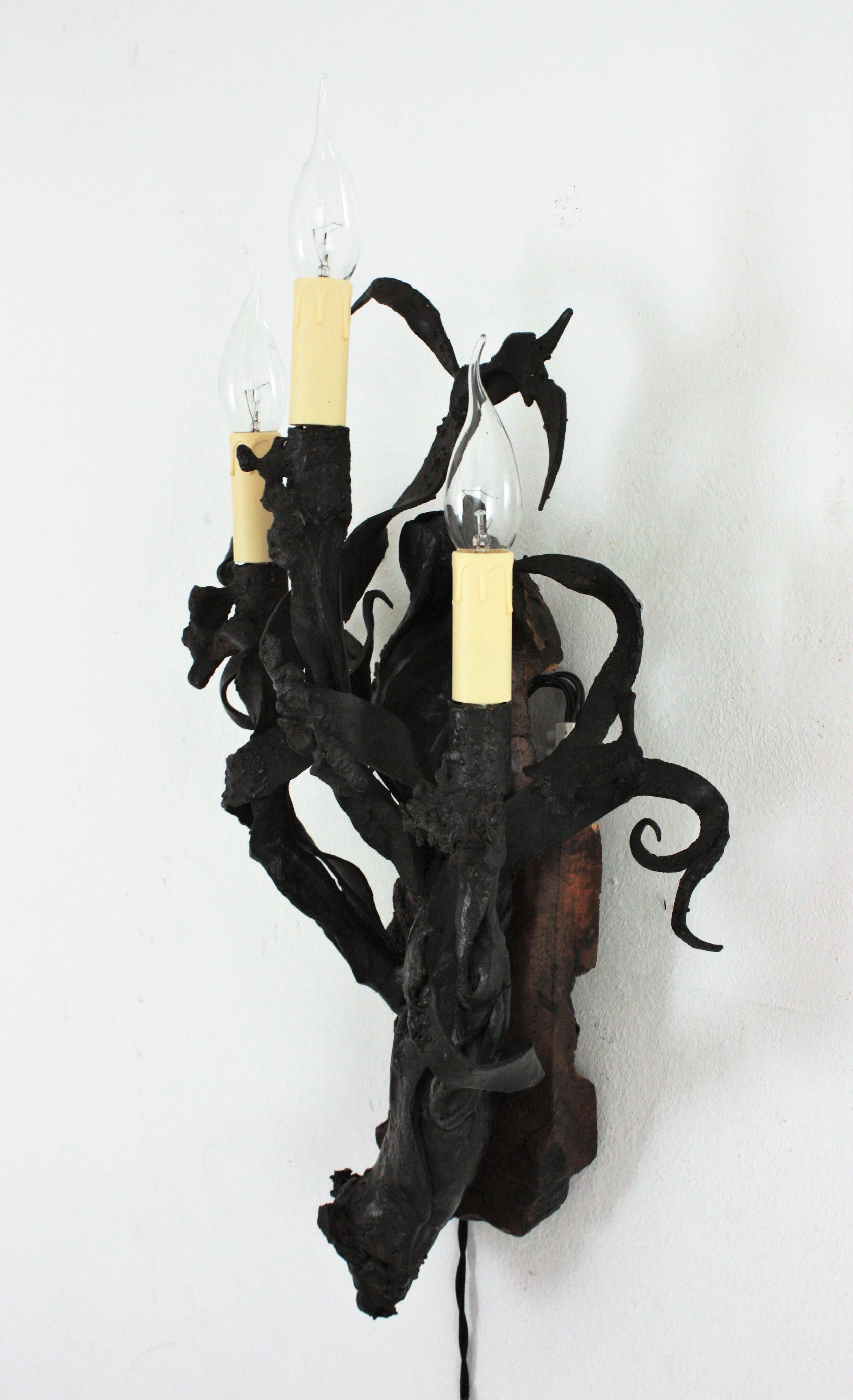 Spanish Hand Forged Iron and Wood Medieval Inspired Torch Wall Sconce For Sale 5