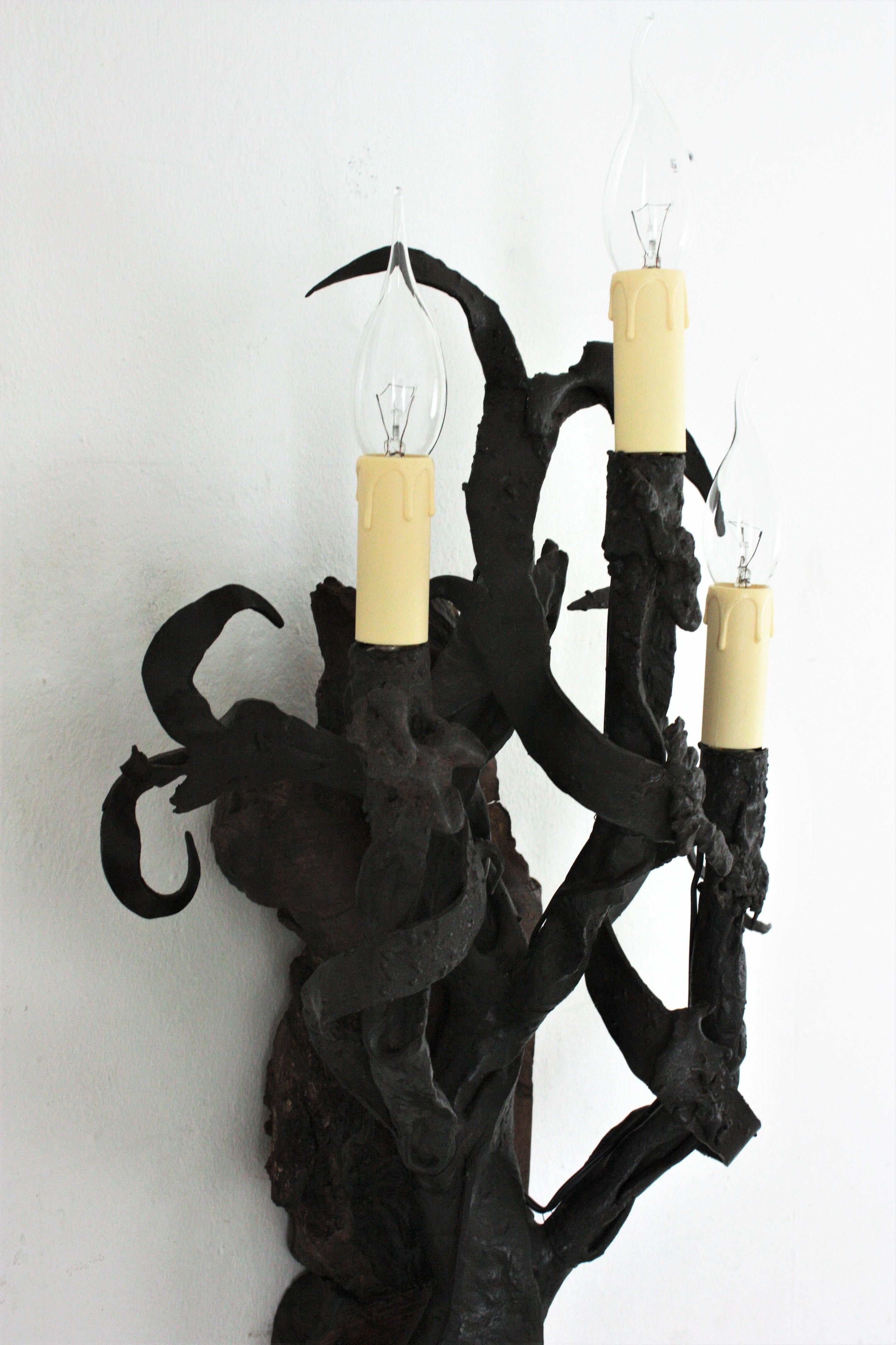 Spanish Hand Forged Iron and Wood Medieval Inspired Torch Wall Sconce For Sale 6