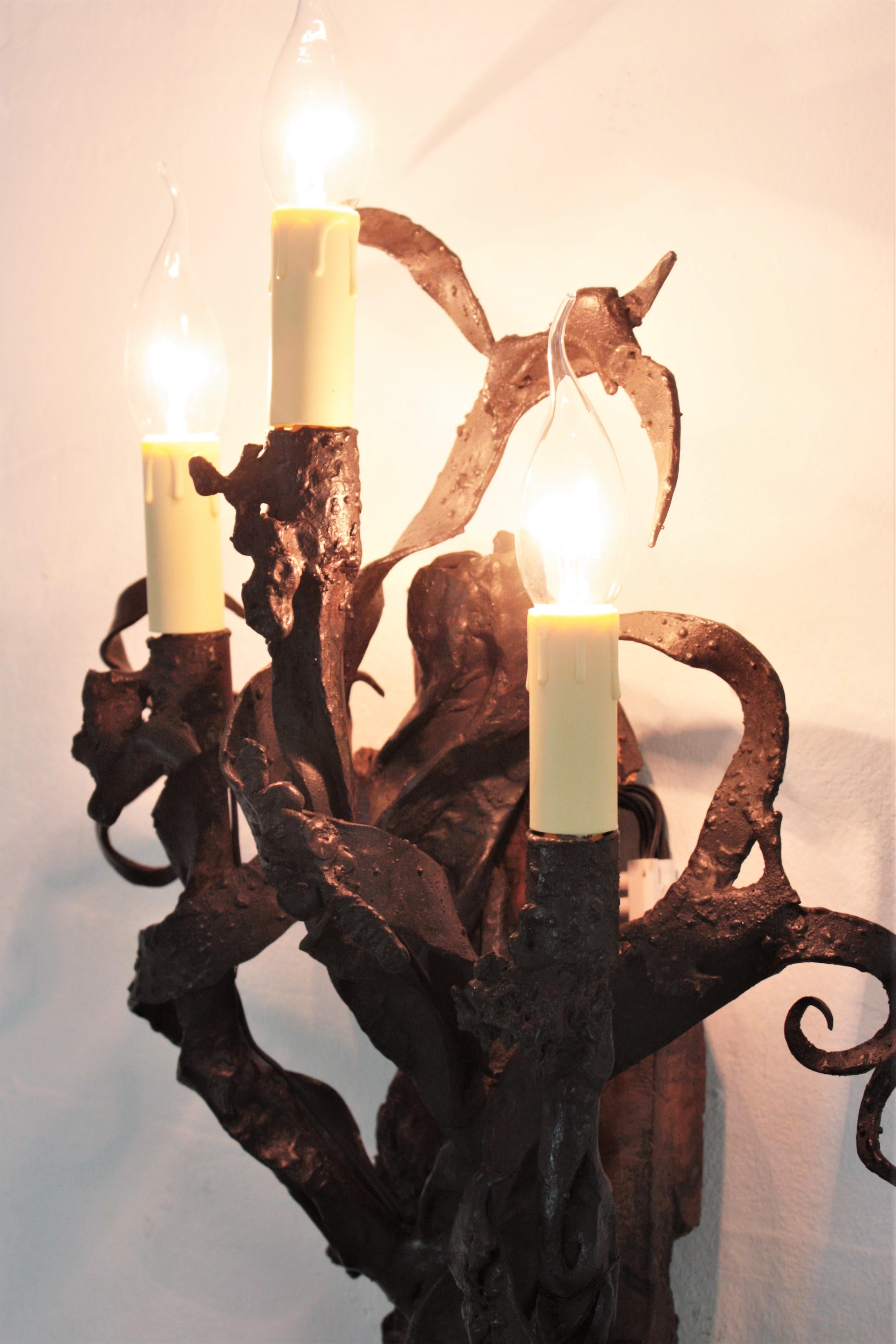 20th Century Spanish Hand Forged Iron and Wood Medieval Inspired Torch Wall Sconce For Sale