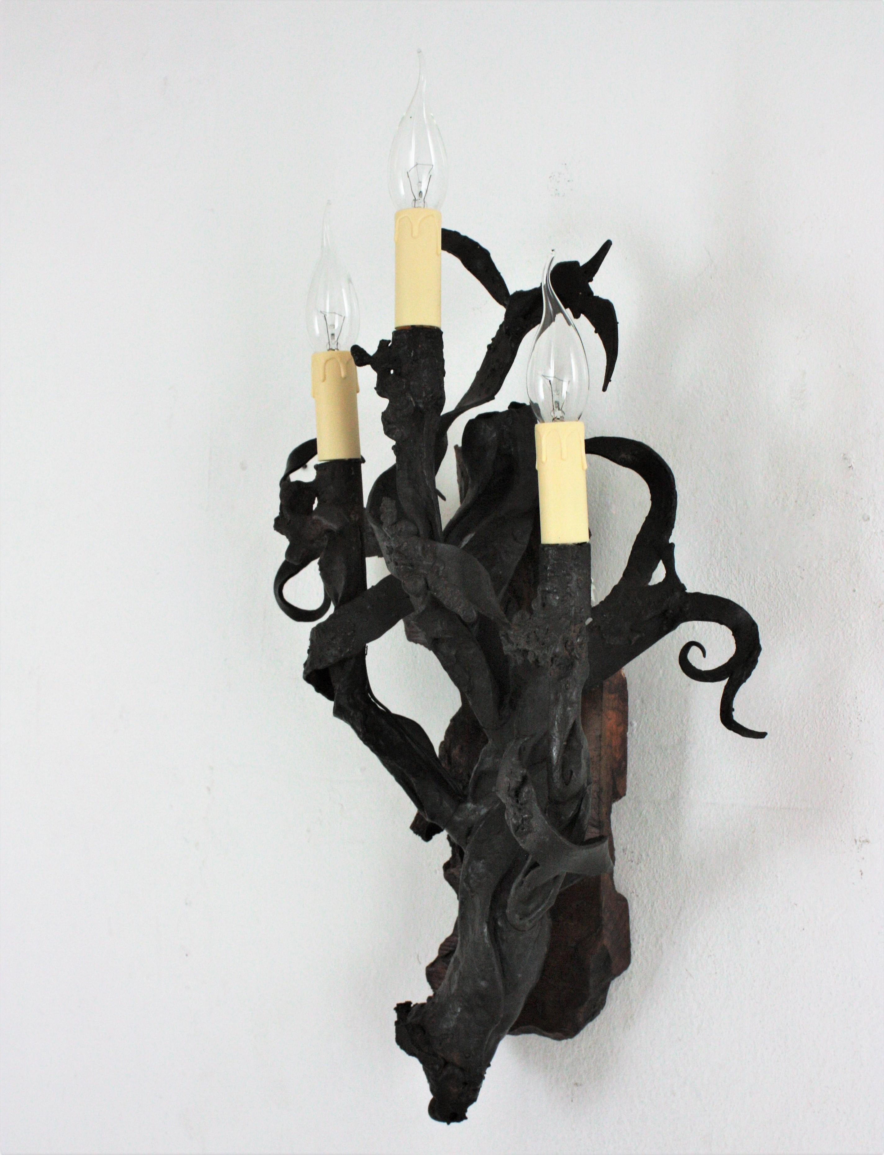 Spanish Hand Forged Iron and Wood Medieval Inspired Torch Wall Sconce For Sale 1