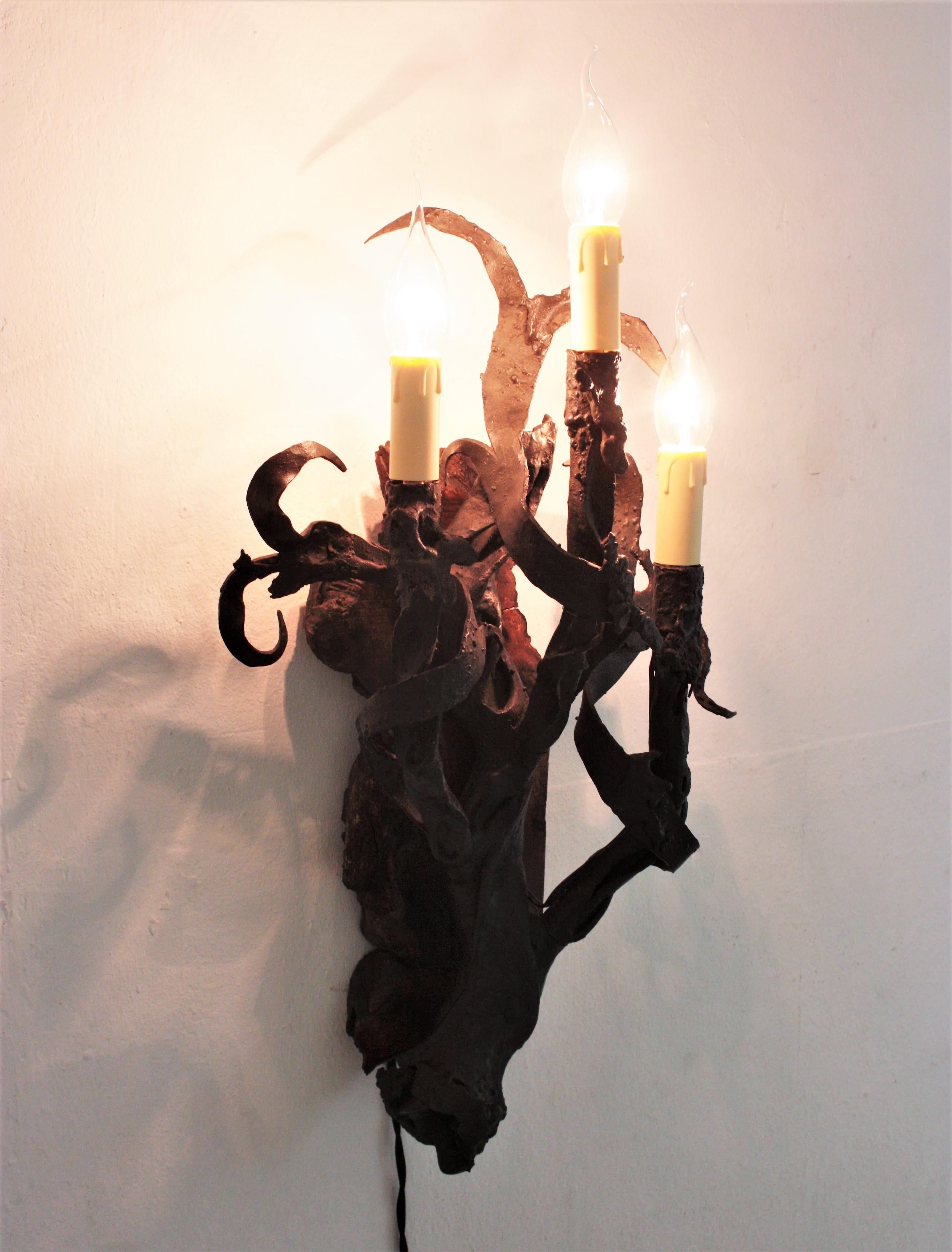 Spanish Hand Forged Iron and Wood Medieval Inspired Torch Wall Sconce For Sale 2
