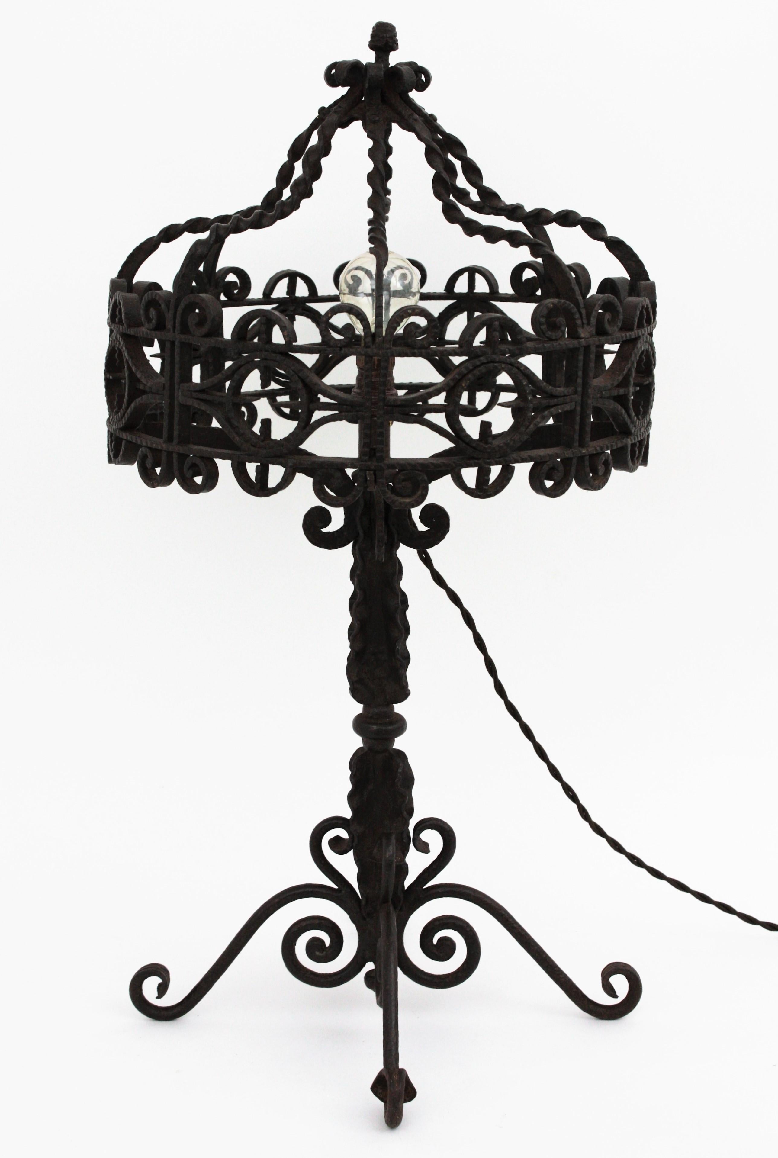 Gothic Revival Spanish Gothic Style Table Lamp in Hand Forged Iron For Sale