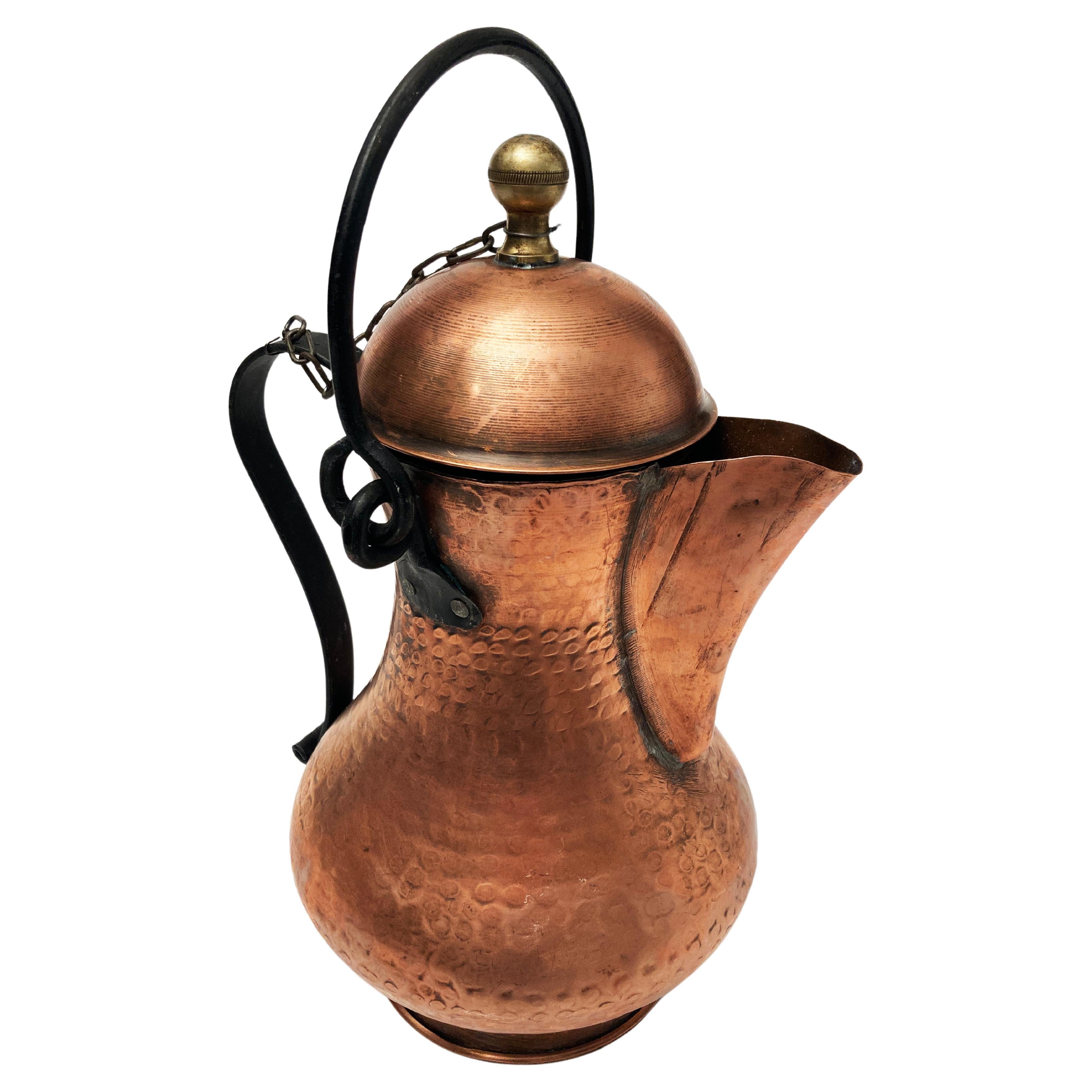 Spanish Hand-hammered Copper Water Pot with 2 Wrought Iron Handles For Sale