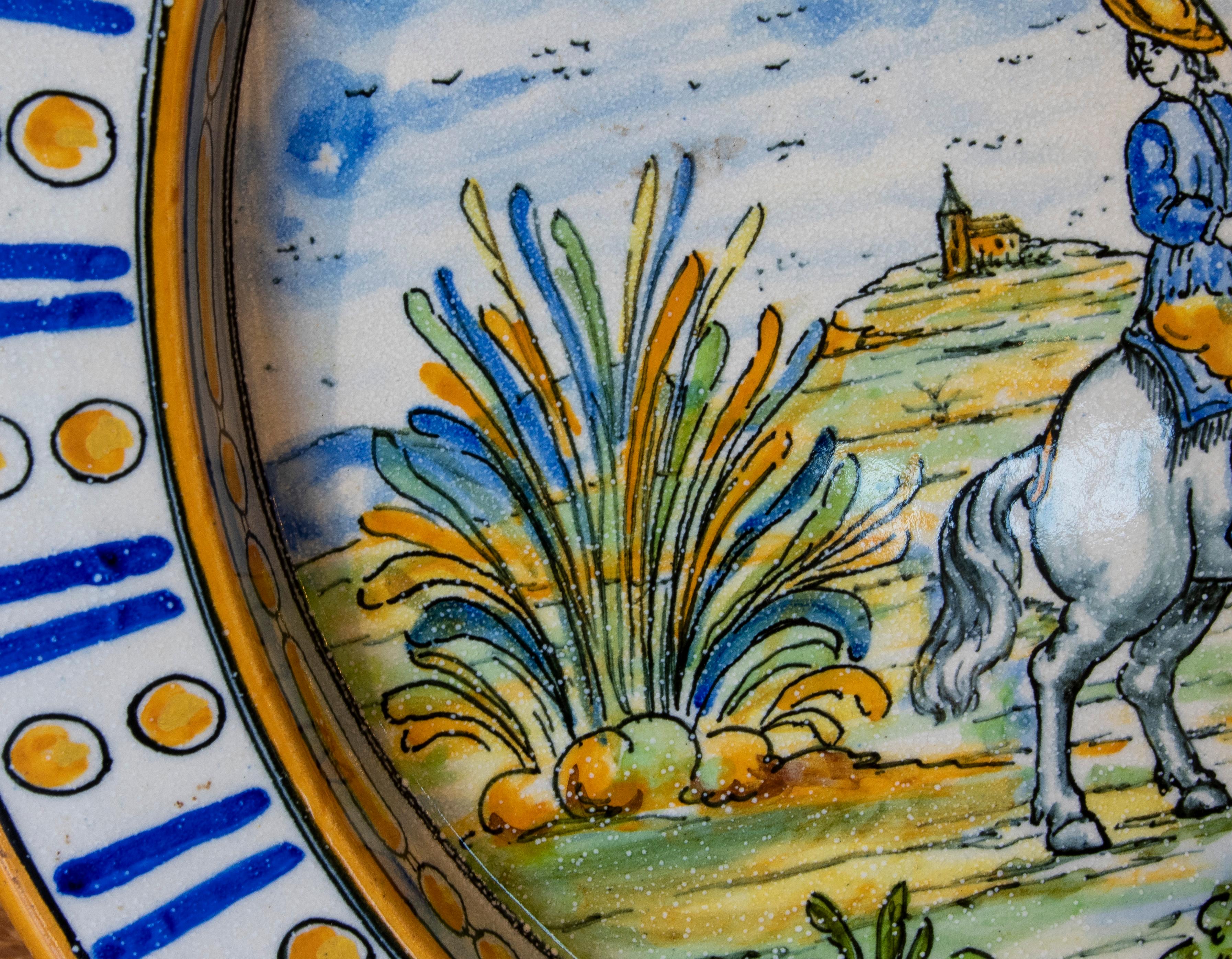 Spanish Hand-Painted Glazed Ceramic Dish with a Horse in a Field For Sale 6