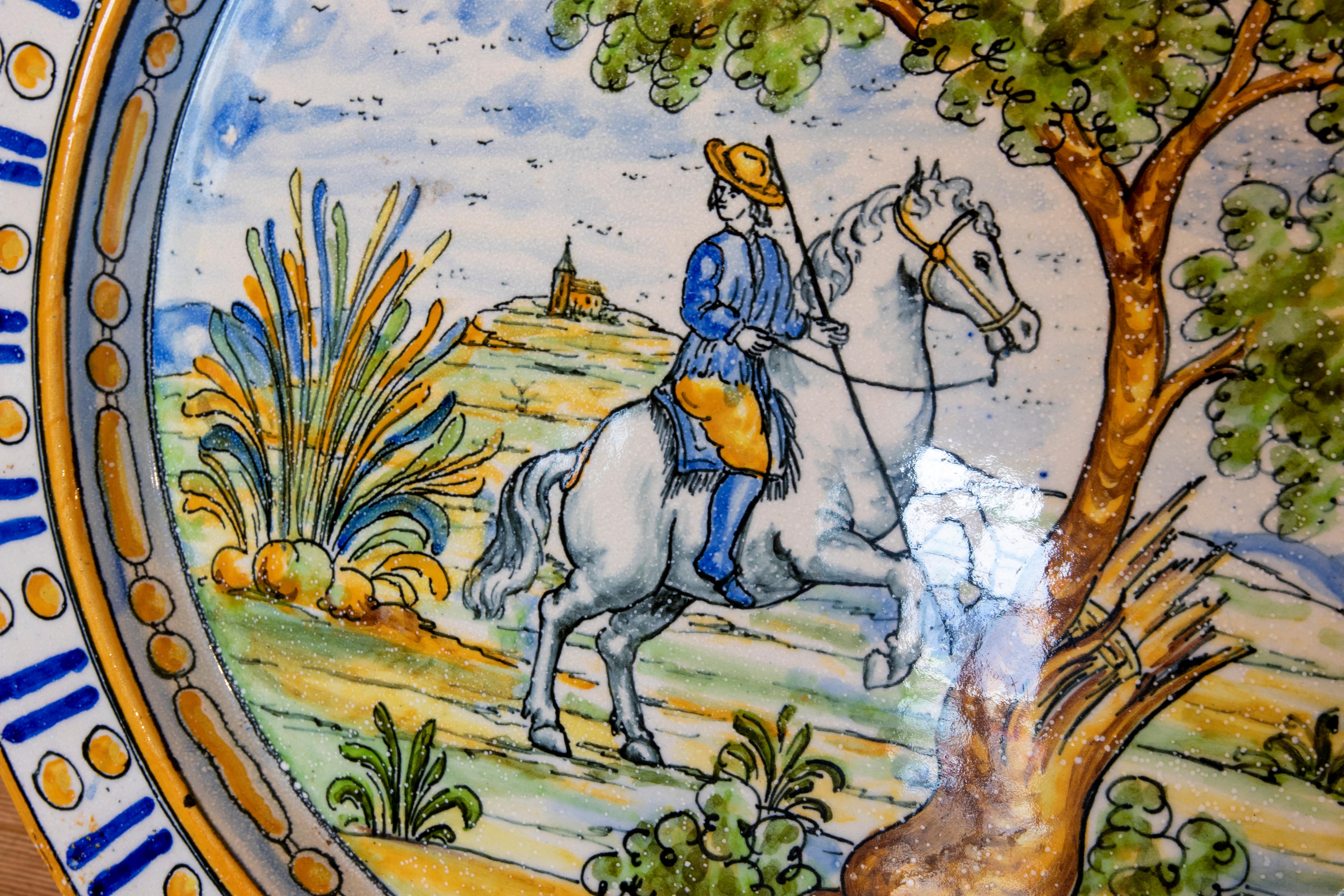 Spanish Hand-Painted Glazed Ceramic Dish with a Horse in a Field For Sale 7