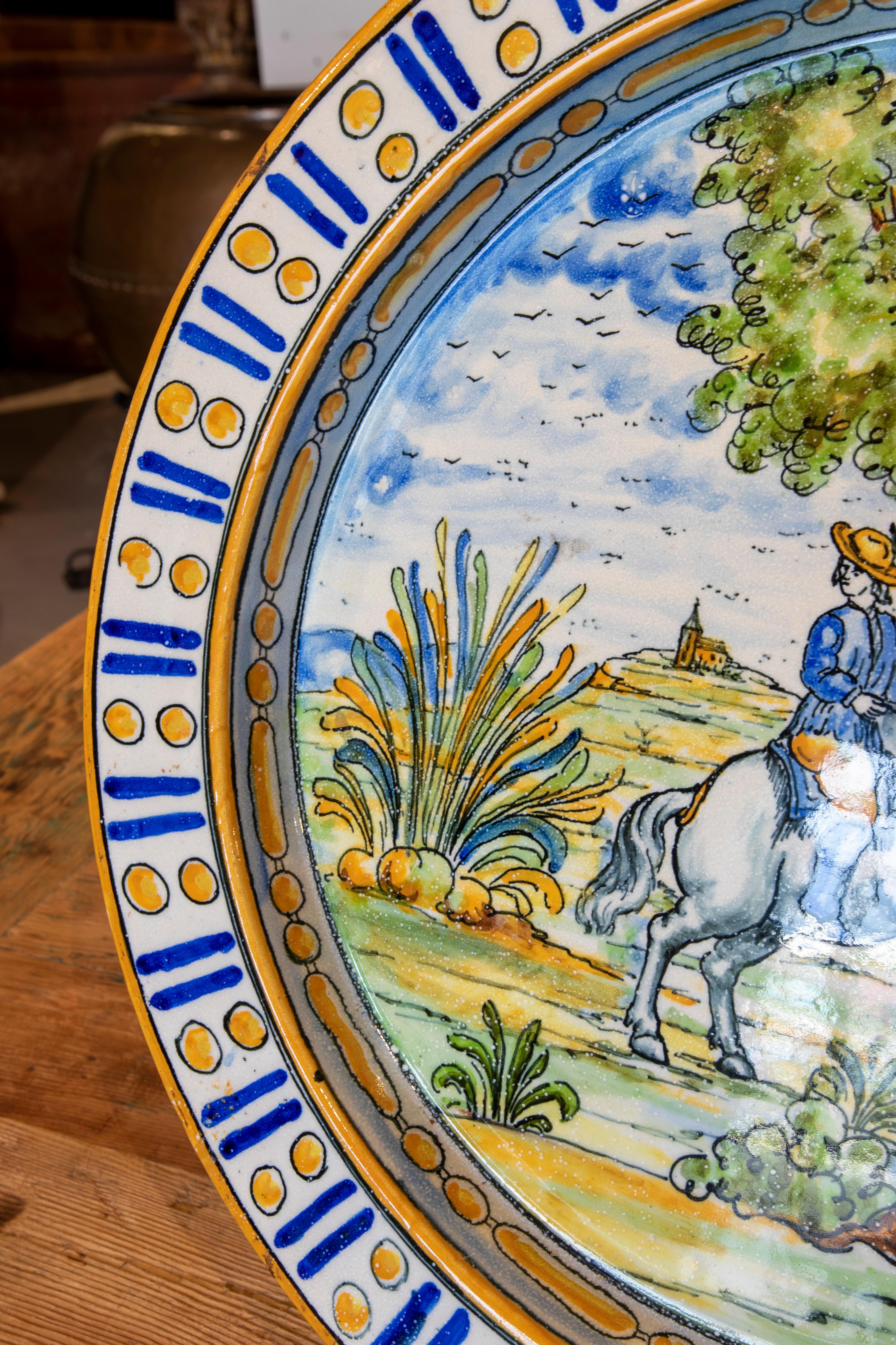 20th Century Spanish Hand-Painted Glazed Ceramic Dish with a Horse in a Field For Sale