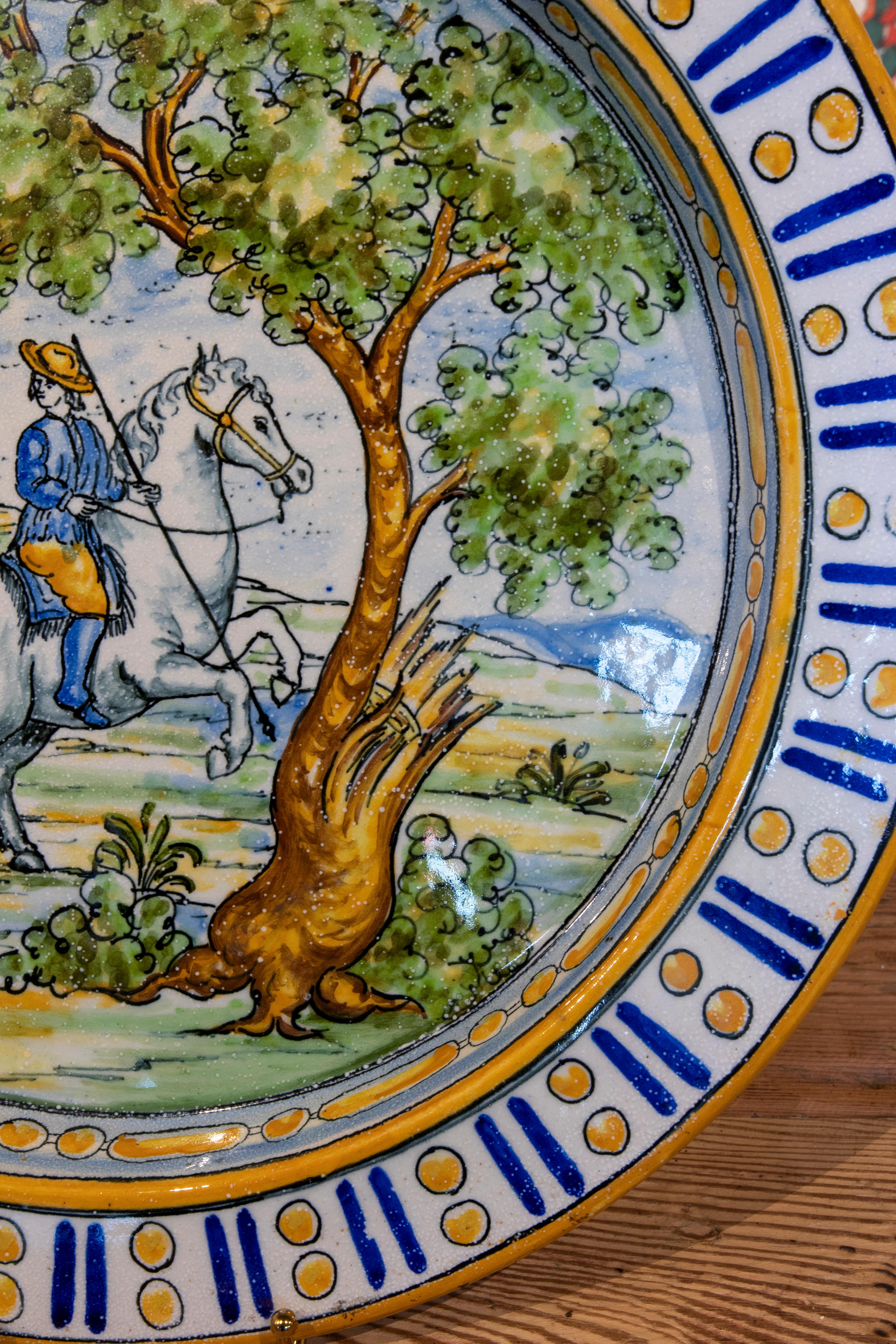Spanish Hand-Painted Glazed Ceramic Dish with a Horse in a Field For Sale 2