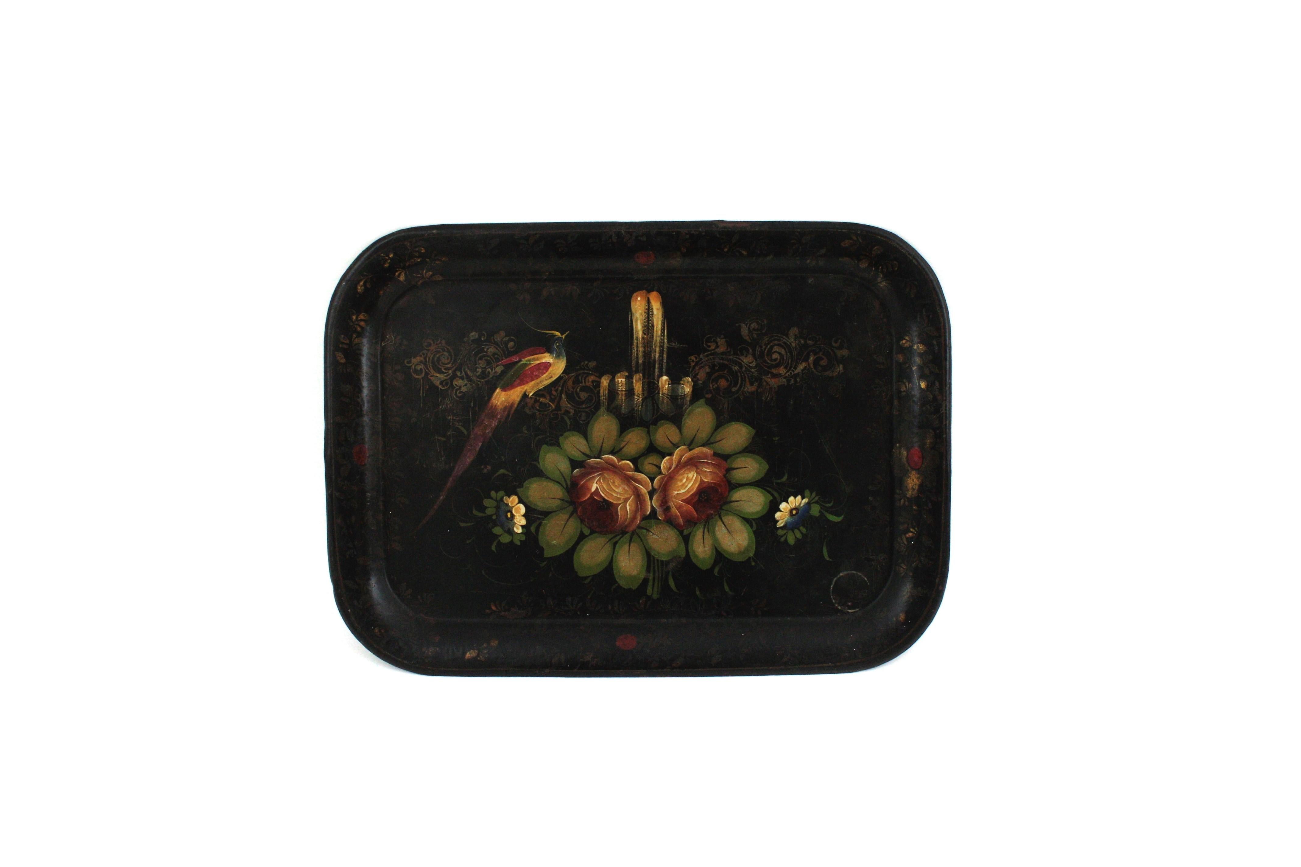 Victorian Spanish Hand Painted Polychromed Floral Tole Tray For Sale