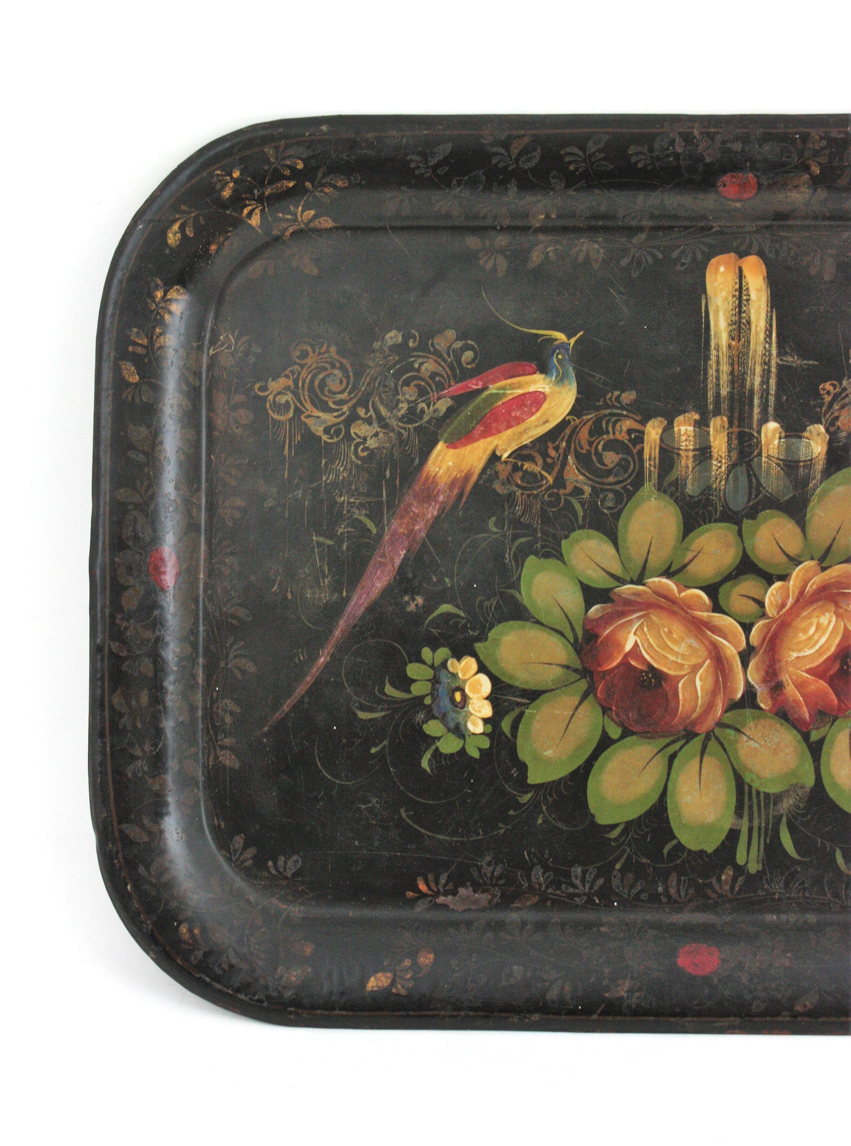 Hand-Painted Spanish Hand Painted Polychromed Floral Tole Tray For Sale