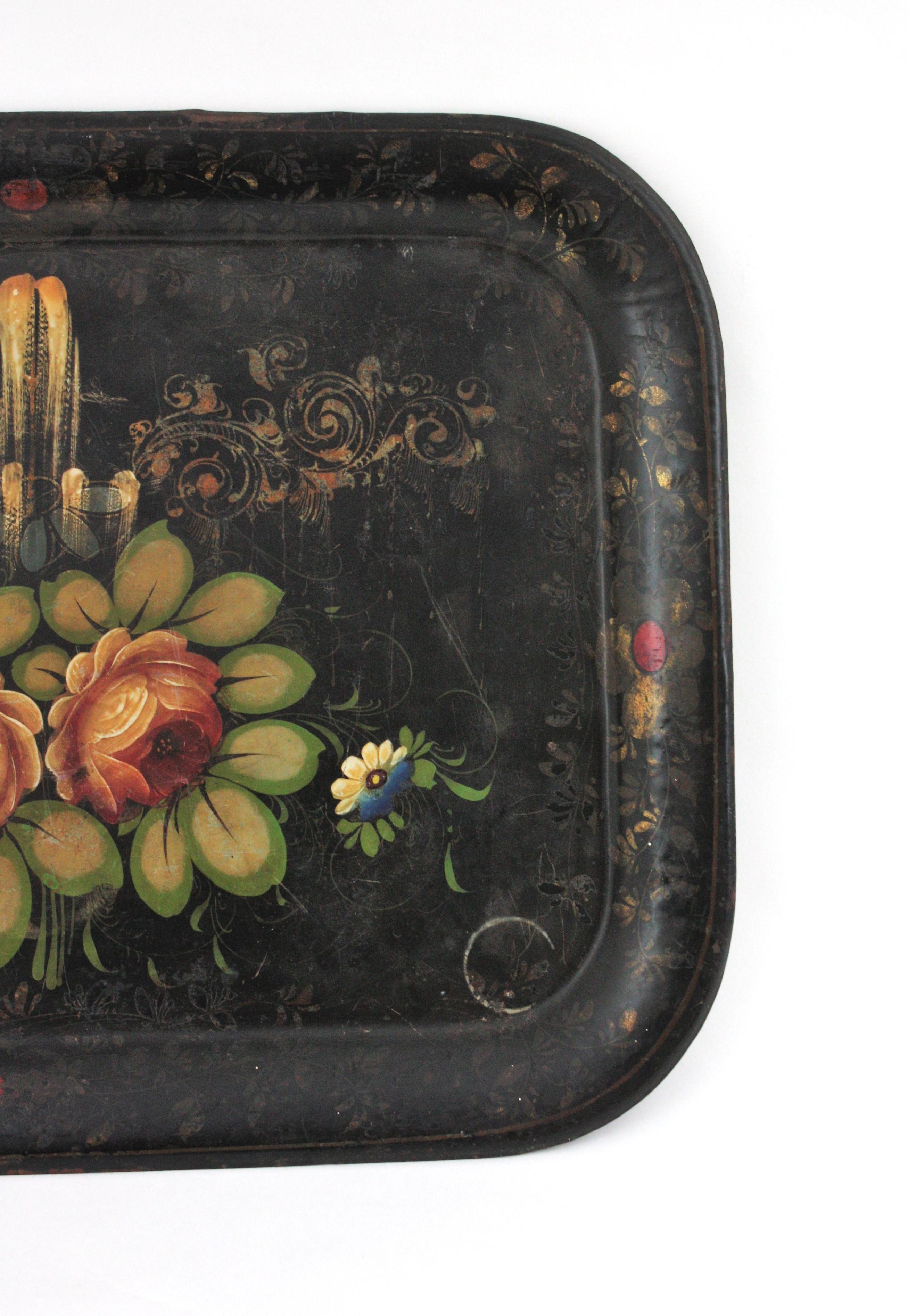 20th Century Spanish Hand Painted Polychromed Floral Tole Tray For Sale