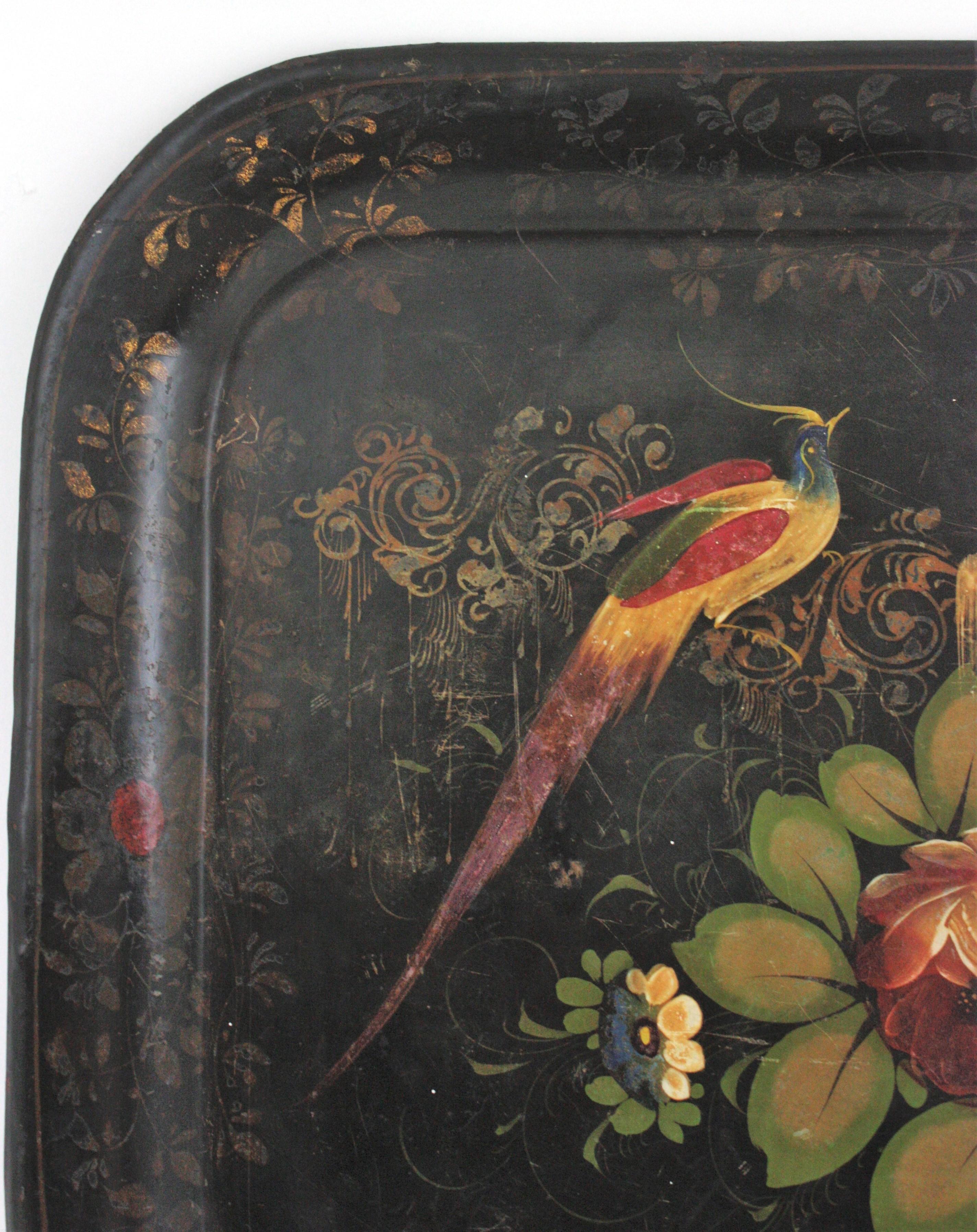 Metal Spanish Hand Painted Polychromed Floral Tole Tray For Sale