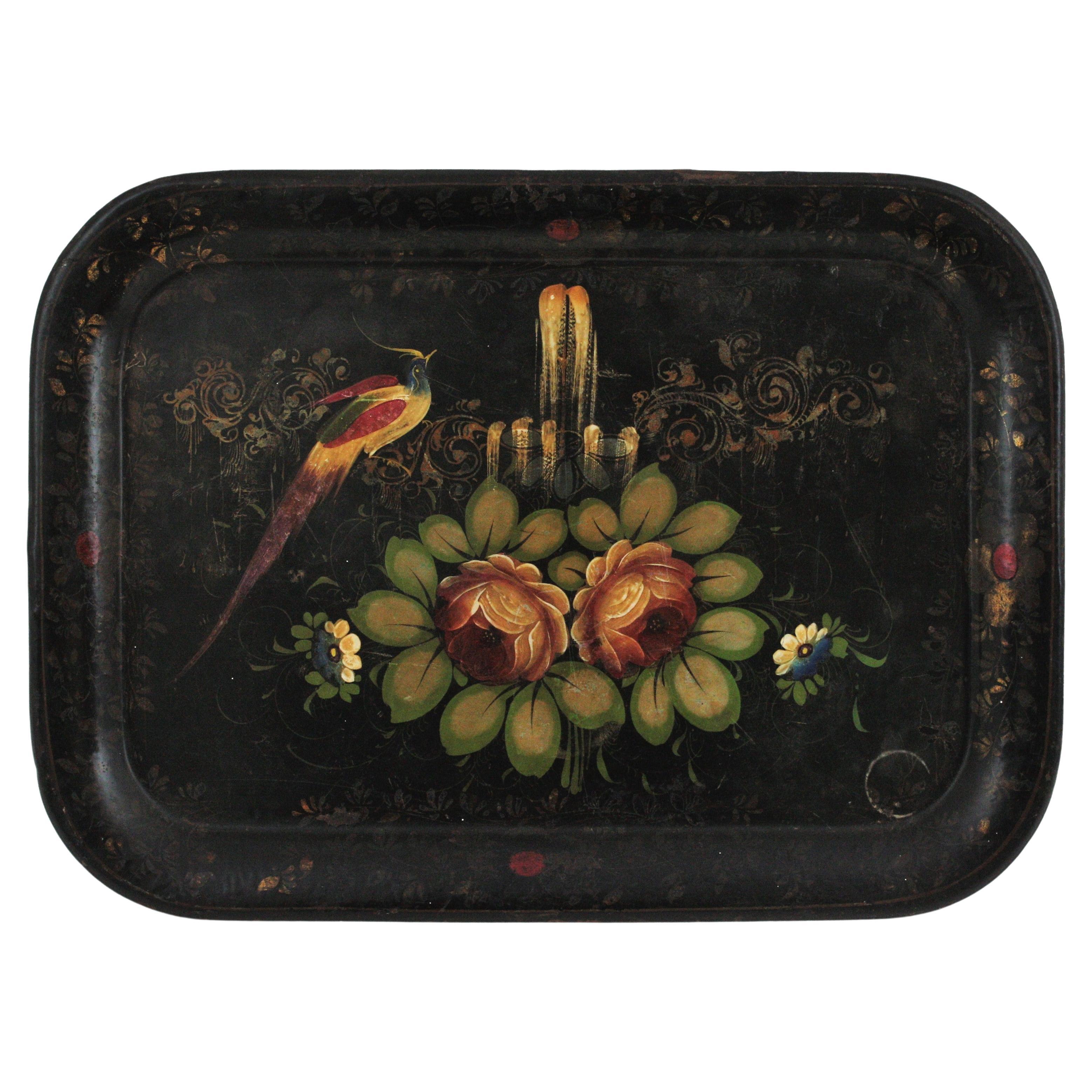 Spanish Hand Painted Polychromed Floral Tole Tray