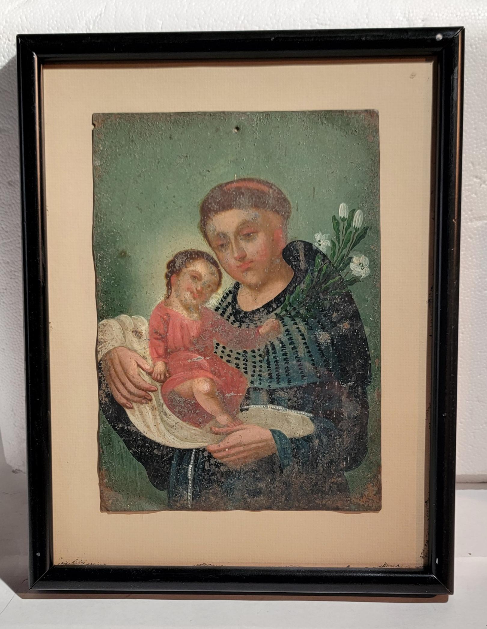 19th Century Spanish hand painted Retablo Art For Sale