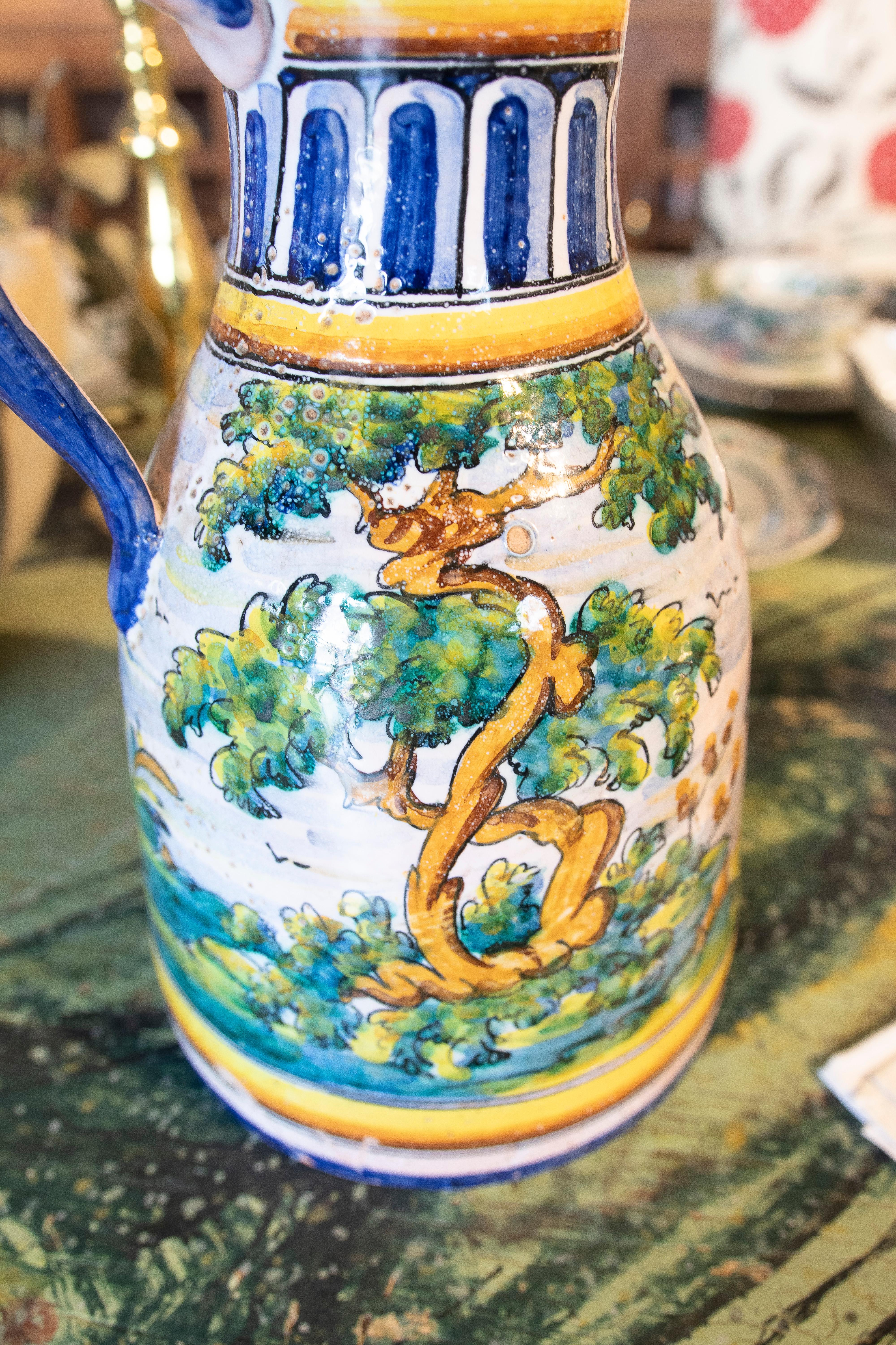 Spanish Hand-Painted Talavera Ceramic Jug of Landscape with Trees For Sale 8