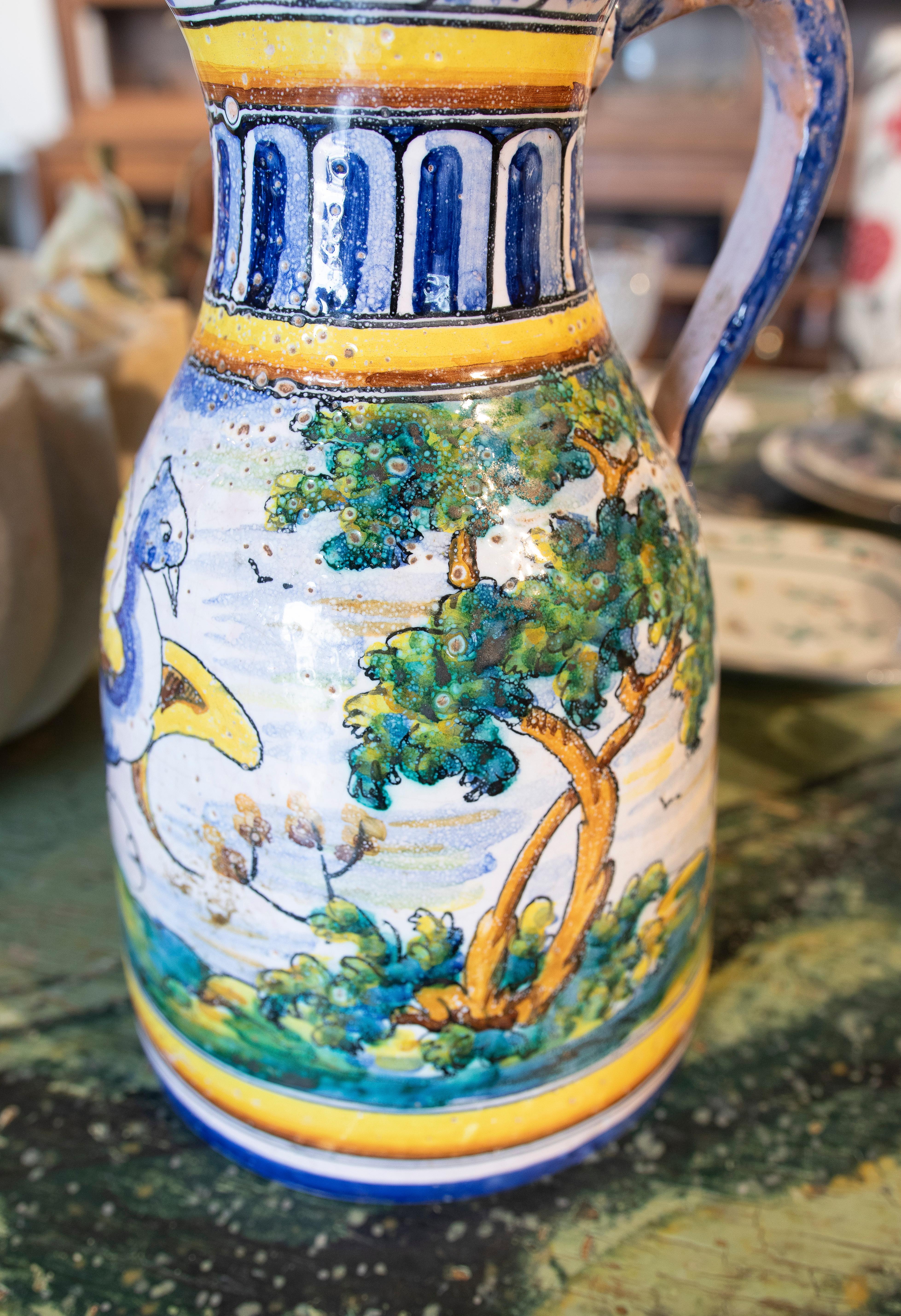 Spanish Hand-Painted Talavera Ceramic Jug of Landscape with Trees For Sale 10